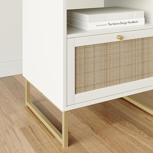 Miniatura 9 de Nathan James Mina - Mesa auxiliar auxiliar de madera de ratán con almacenamiento para sala de estar o dormitorio, juego de 2, blancodorado
