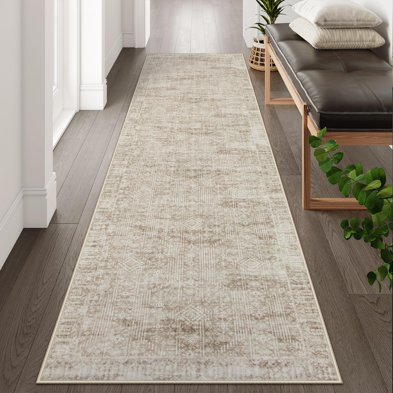 Lahome Washable Hallway Runner Rug 10ft, Farmhouse Kitchen Bathroom Long Carpet, 2.5X10 Soft Stain Resistant Non-Slip Runners for Hall Office Entry Decor 2'6" x 10' (Runner) Light Tan