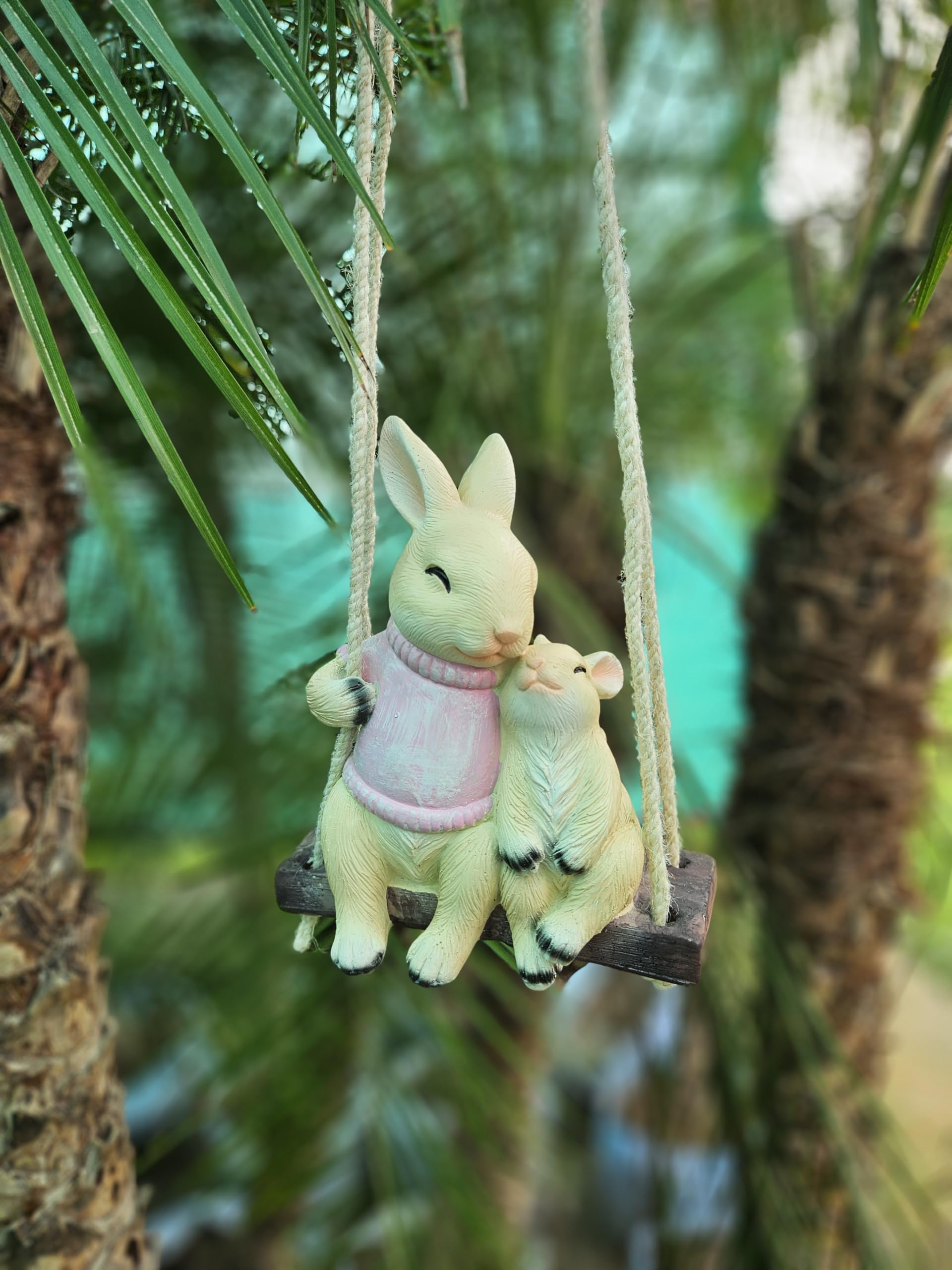 Cute Garden Decor Hanging Rabbit & Baby Swing Figurine, Pink Vest, 15.2 x 8.1 x 17.1 cm, Cream and Pink, Hand-Painted Garden Ornament-image-37