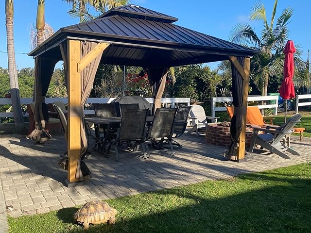 Domi Hardtop Gazebo 12x12 Cedar Frame Wood Gazebo with Galvanized Steel Double Roof, Outdoor Permanent Metal Gazebo with Curtains and Netting for Patio,Deck,Backyard