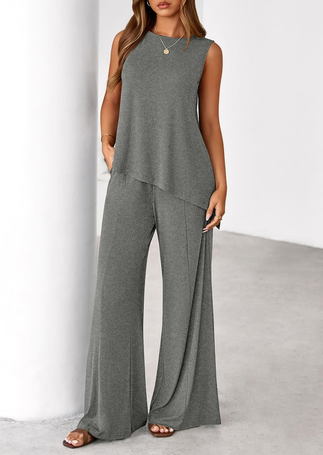 PRETTYGARDEN Women's 2026 Two Piece Matching Lounge Sets Asymmetrical Split Tank Tops Wide Leg Pants Summer Outfits Tracksuit - Image 4