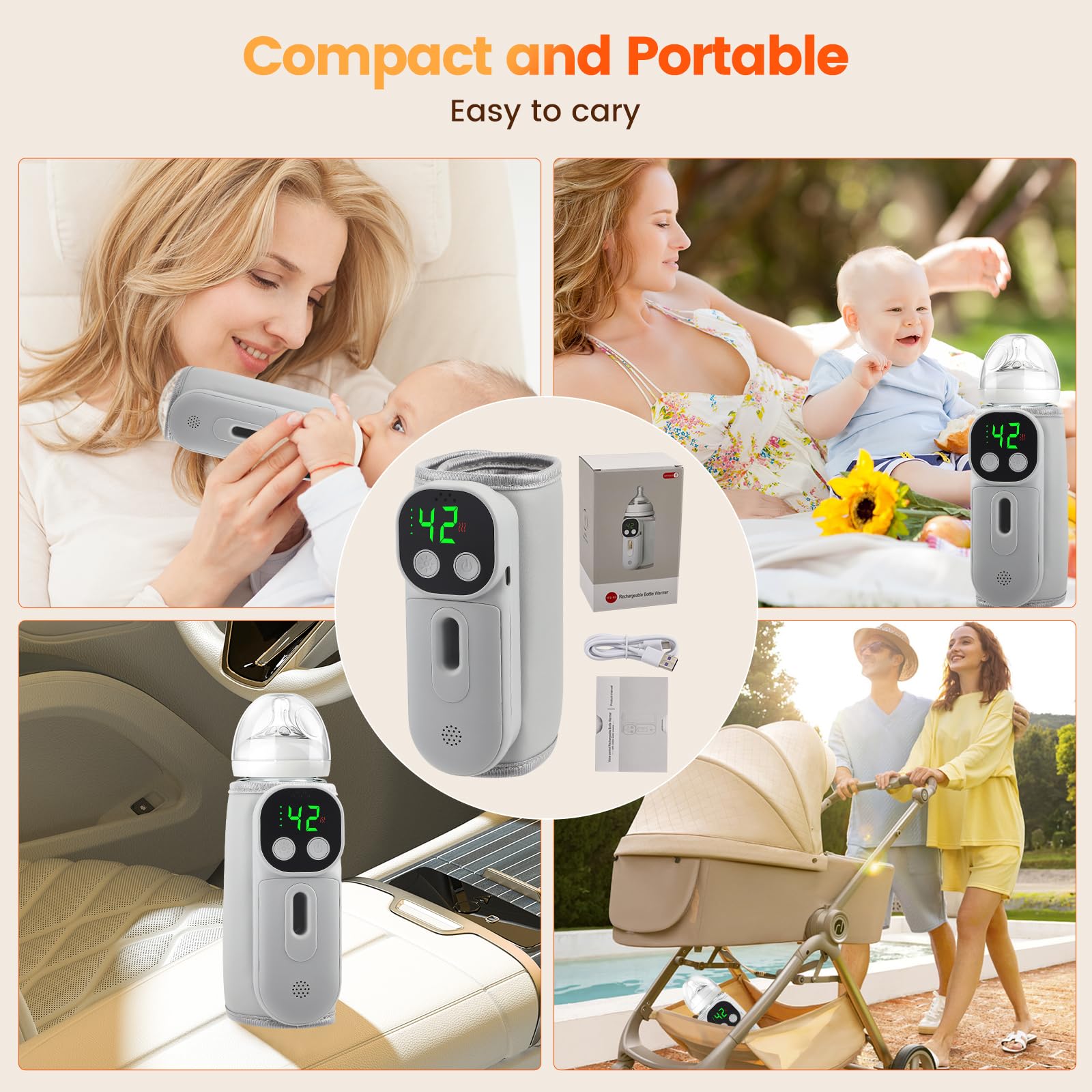 Scaldabiberon, scaldabiberon portatile da viaggio con display a LED, riscaldamento rapido e 48 ore di calore, 7 temperature regolabili, scaldabiberon mobile per viaggi e a casa