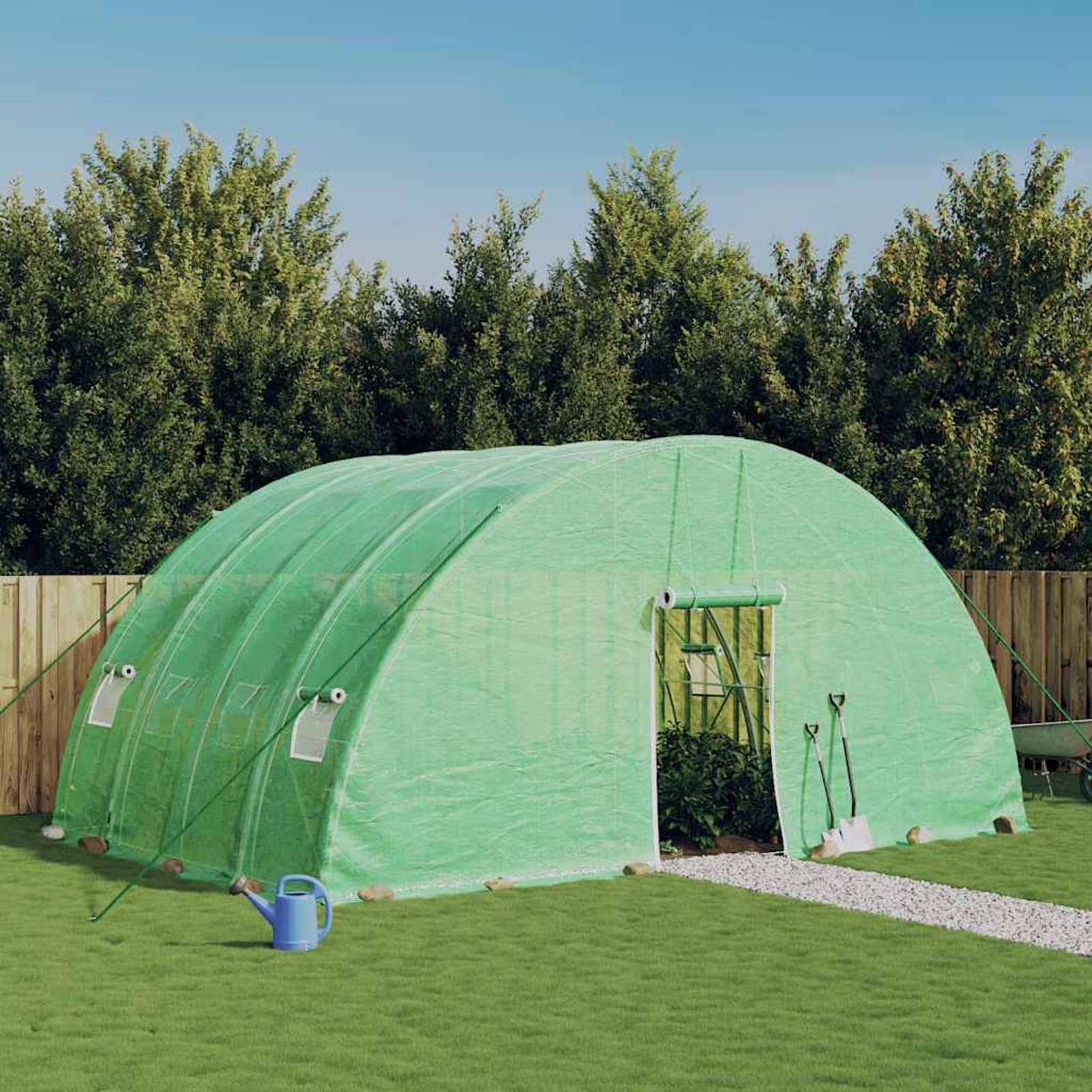 Szklarnia ze stali ocynkowanej, 140 g/m² PE, zielona, 24 m² (6 x 4 x 2,85 m), z drzwiami przesuwnymi i 4 oknami, do uprawy warzyw