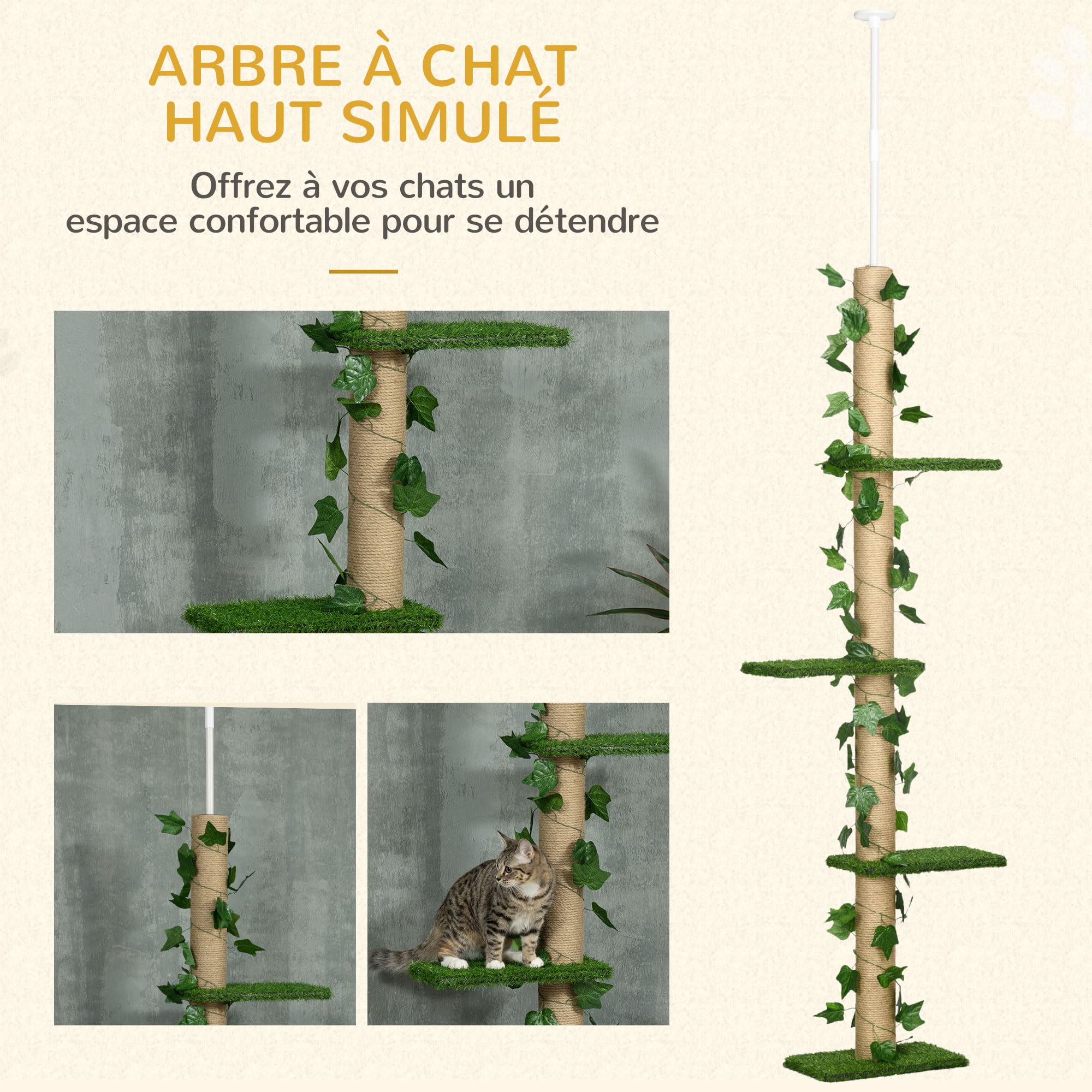 PawHut Arbre à Chat Poteau à griffer Fixation Plafond Hauteur réglable 37 x 21 x 202-242 cm 4 Niveaux - Gazon et Feuilles artificiels Vert