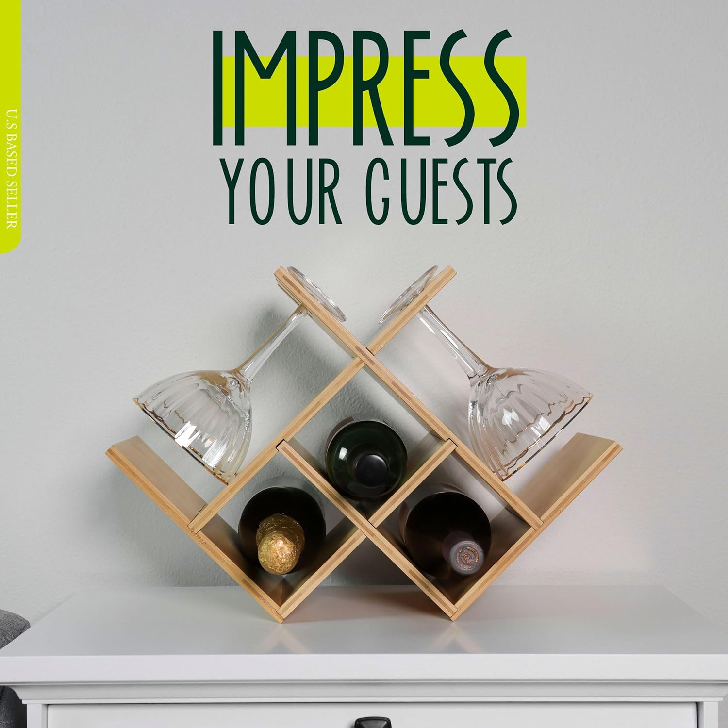 Bamboo Countertop Wine Rack with Glass Holder for 3 Bottles