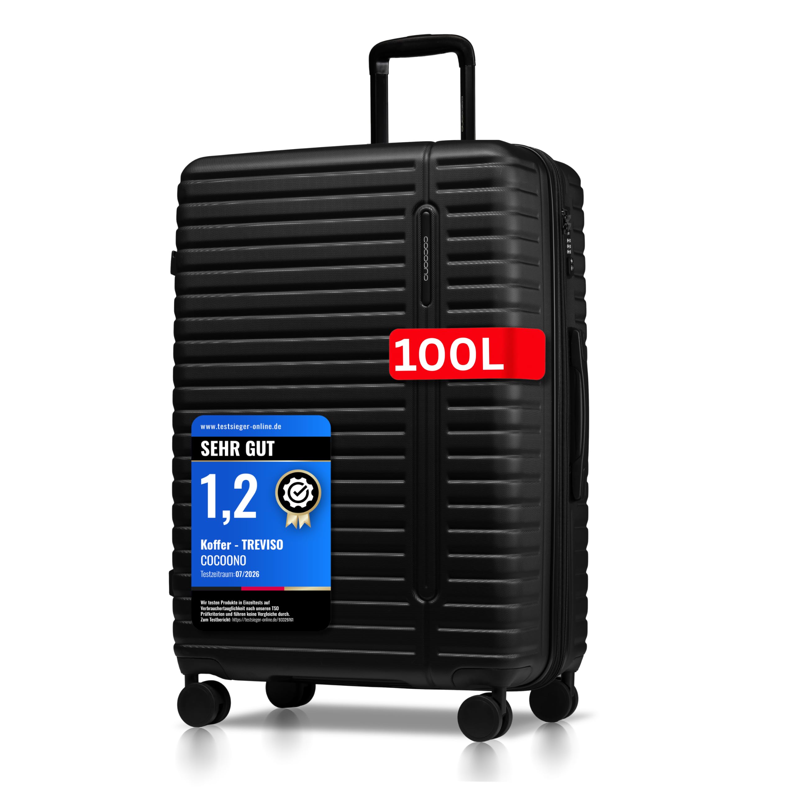 Cocoono Hartschalenkoffer XL Groß - 100L Volumen erweiterbar auf 117L - 158cm Gurtmaß - 8 Rollen 360° drehbar - Leichter Koffer mit TSA Schloss & Teleskopgestänge - Reisekoffer (Schwarz, XL)