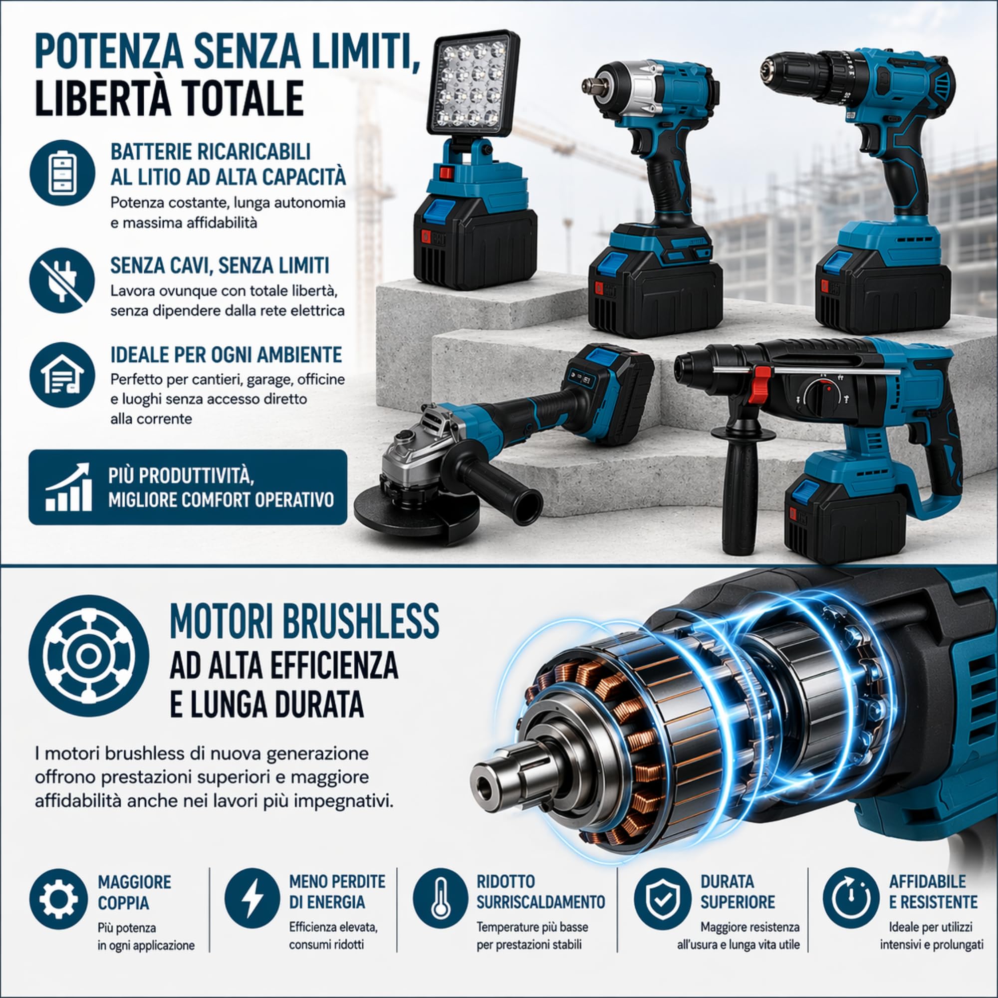 Kit Elettroutensili a Batteria 88V Brushless - COMPRENDE Cassetta con Trapano - Avvitatore Percussione - Avvitatore Impulsi - Smerigliatrice - Tassellatore SDS e Caricatore - Set Professionale