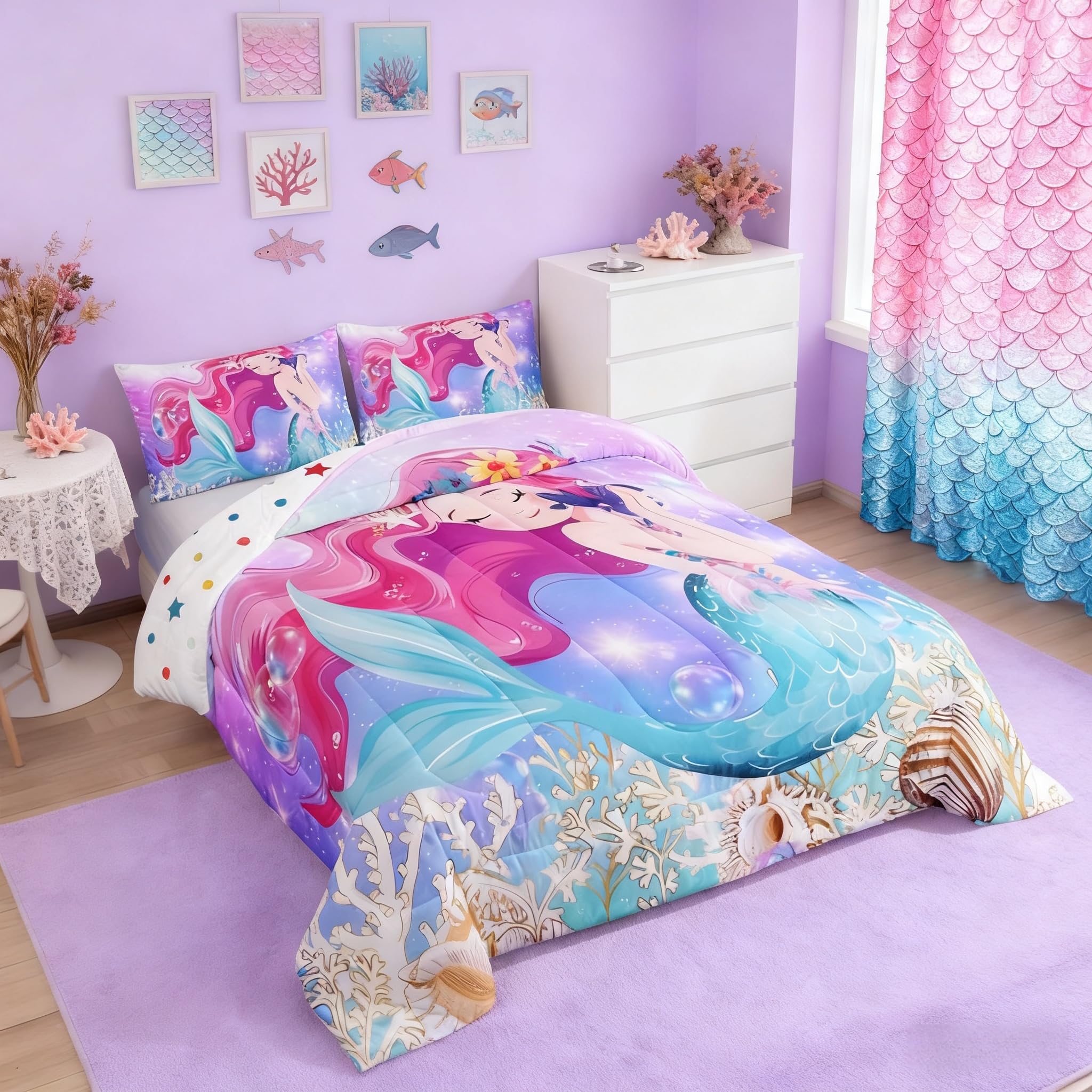 Cute Mermaid Bedding Set,Beautiful Mermaid Fairy Tale Comforter,Kids Girls Women Bedding Decor,Dreaming Undersea World Duvet Insert Queen Size 3