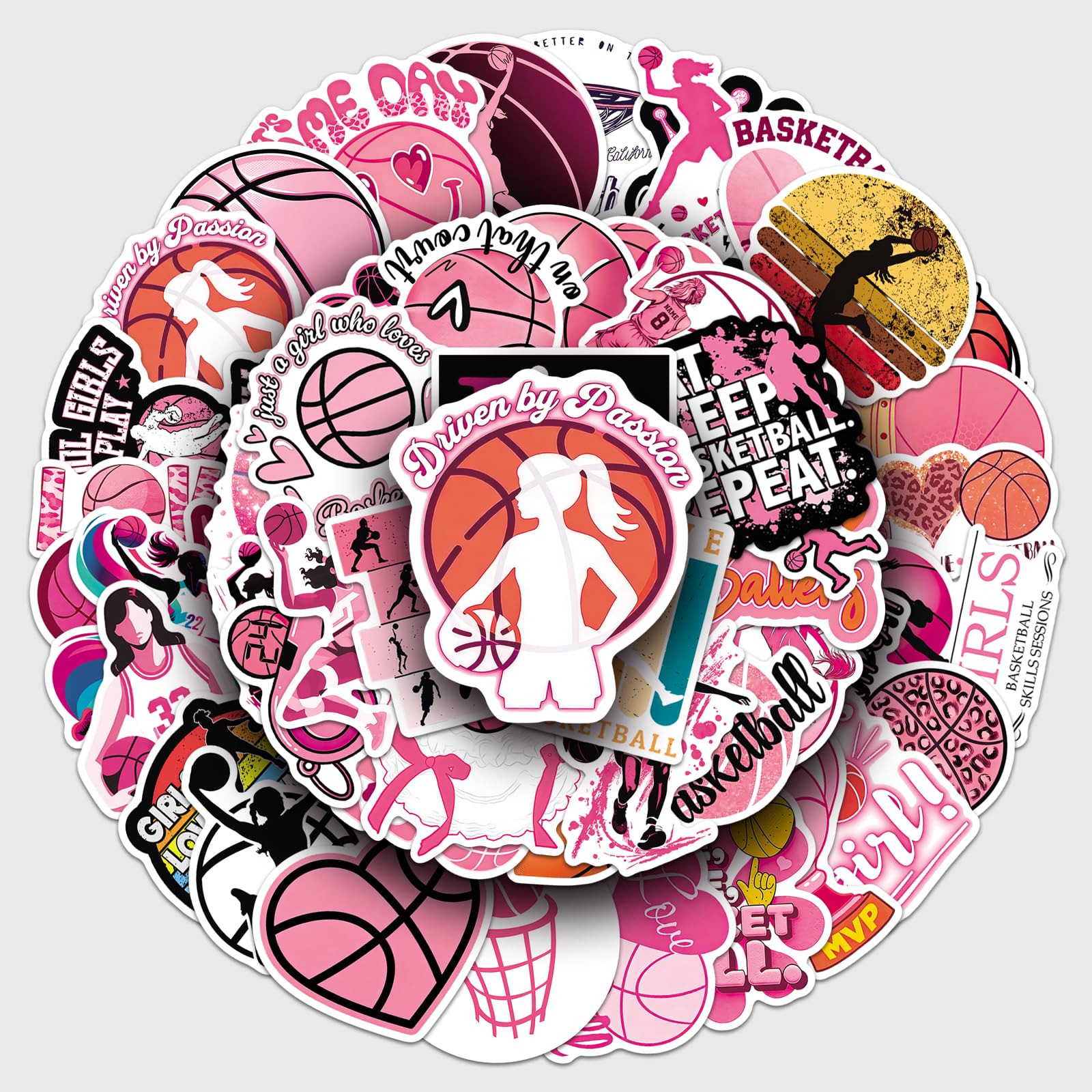Girls Basketball Vinyl Stickers 50Pcs Pink Sport Decorative Sticker Pack for Laptop, Water Bottle, Helmet, Luggage, Phone Case, Journal and Scrapbook Decoration