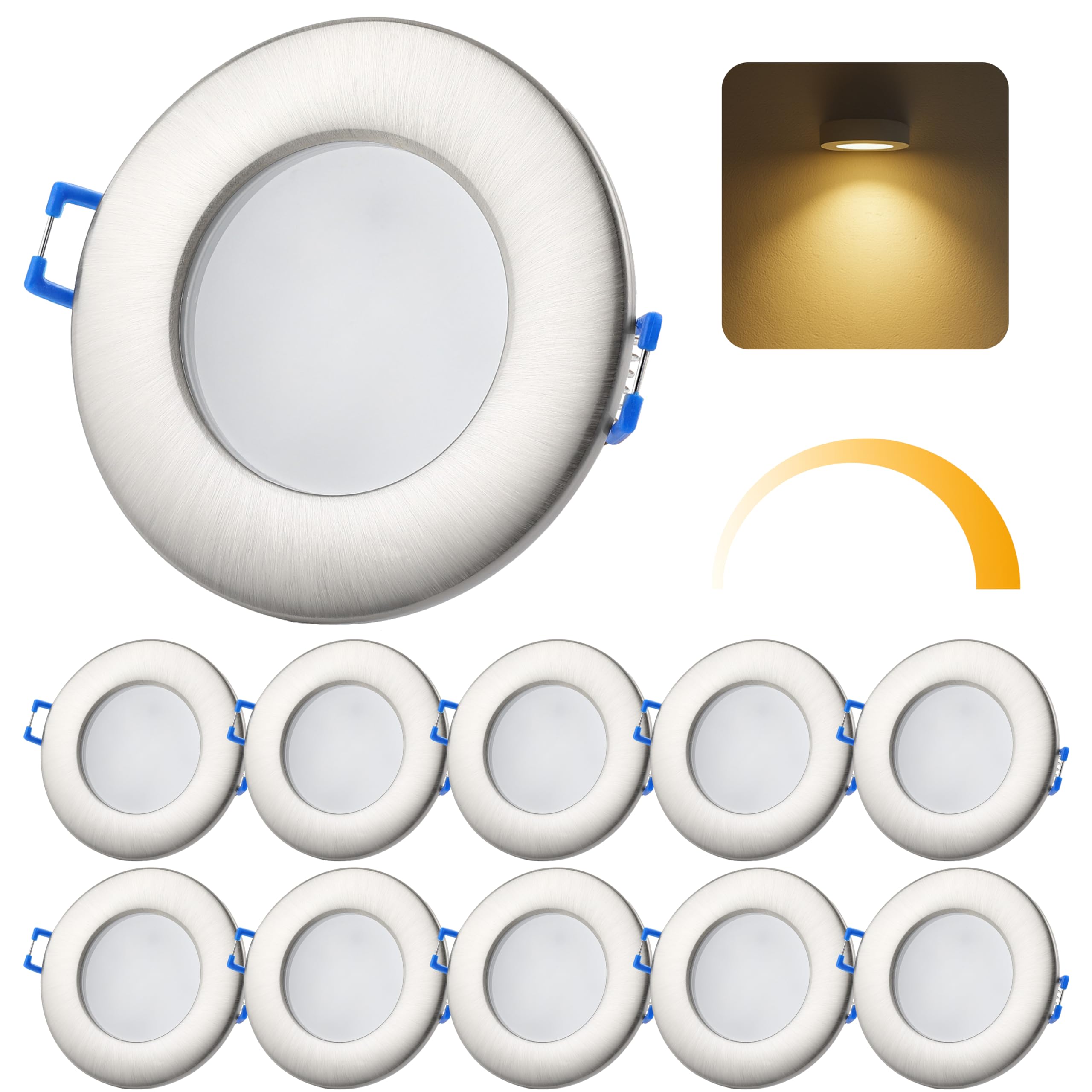 Sweet Led 10er Set LED Einbaustrahler 230V IP44 Dimmbar – Flach 6,5W Spots 3000K Warmweiß – 580lm – Deckenstrahler Ø68mm – Badezimmer Küche Feuchtraum geeignet