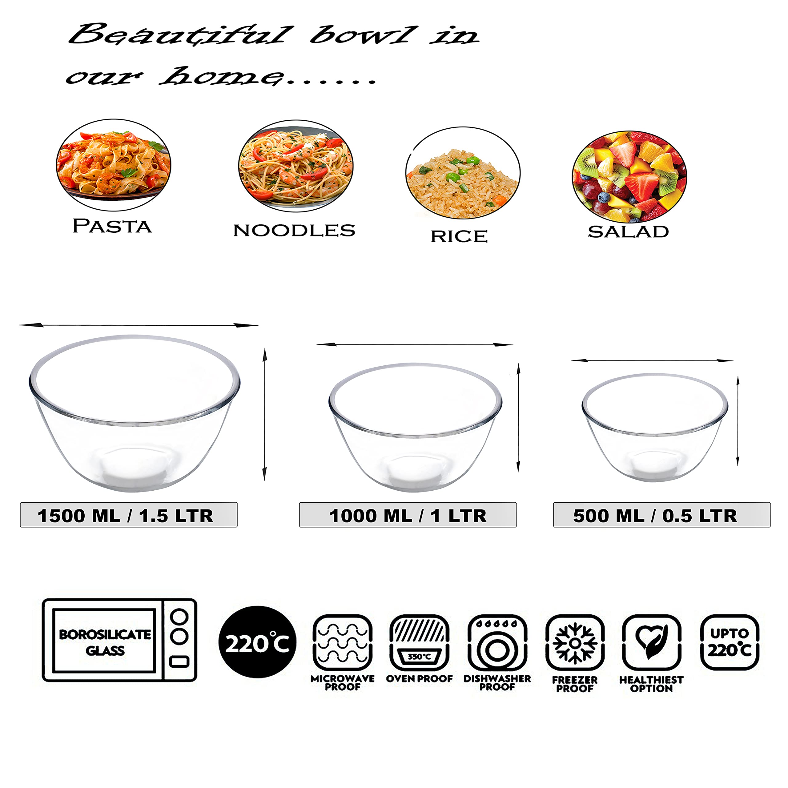 SIMPARTE Borosilicate Glass Mixing & Serving Bowl Set of 3 (1600ml + 1100ml + 500ml)|Microwave, Oven, Freezer & Dishwasher Safe|Clear, Durable, Stain Resistant|Kitchen, Reheating, Storage, Transparent 4