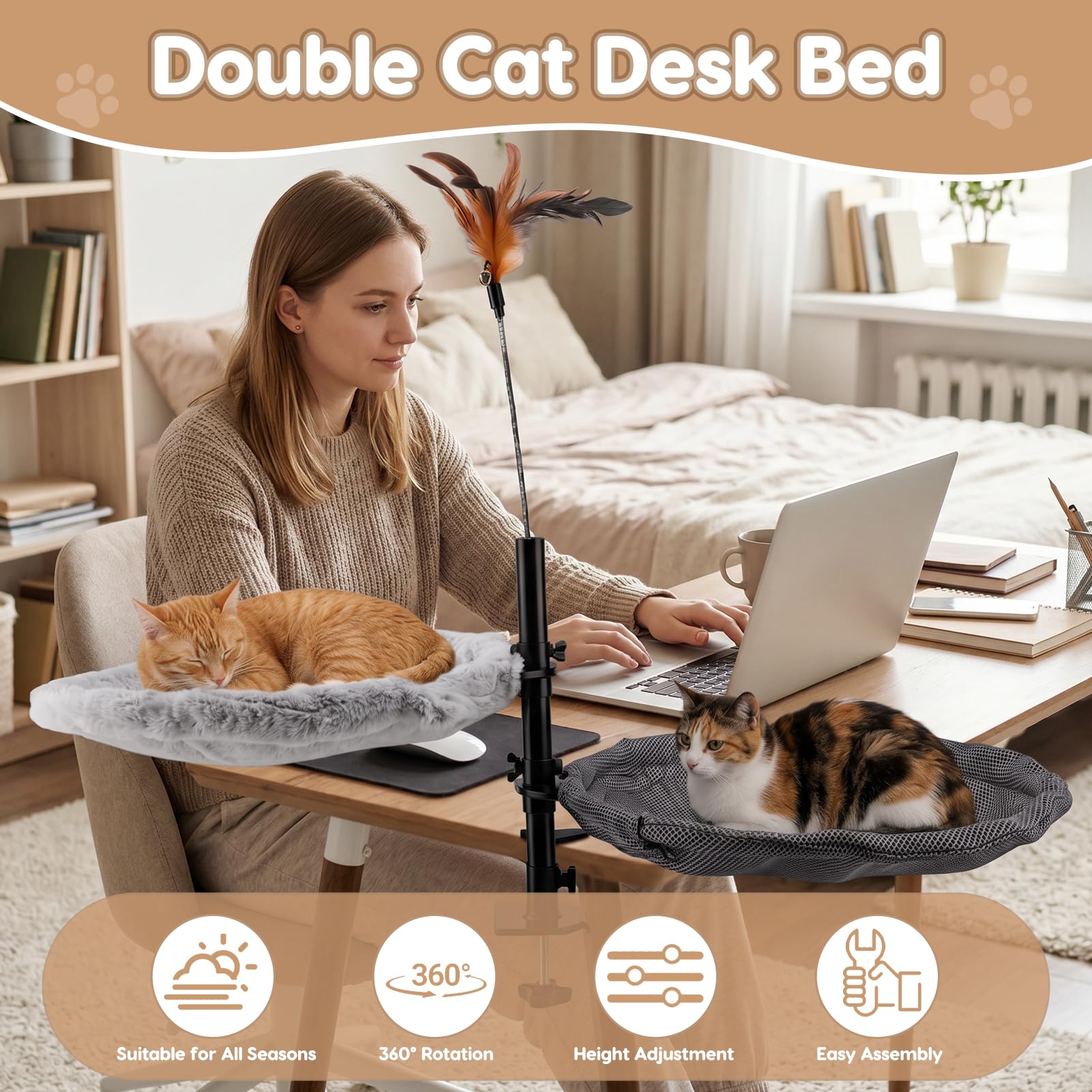 Gugxiom Doppel-Katzen-Schreibtischbett, 360° drehbar und höhenverstellbar, 4 Stück, 39,9 cm, Sommer/Winter, Katzenmatten, für Zuhause, Büro, Katzen, kleine Haustiere, unterstützt bis zu 20 kg