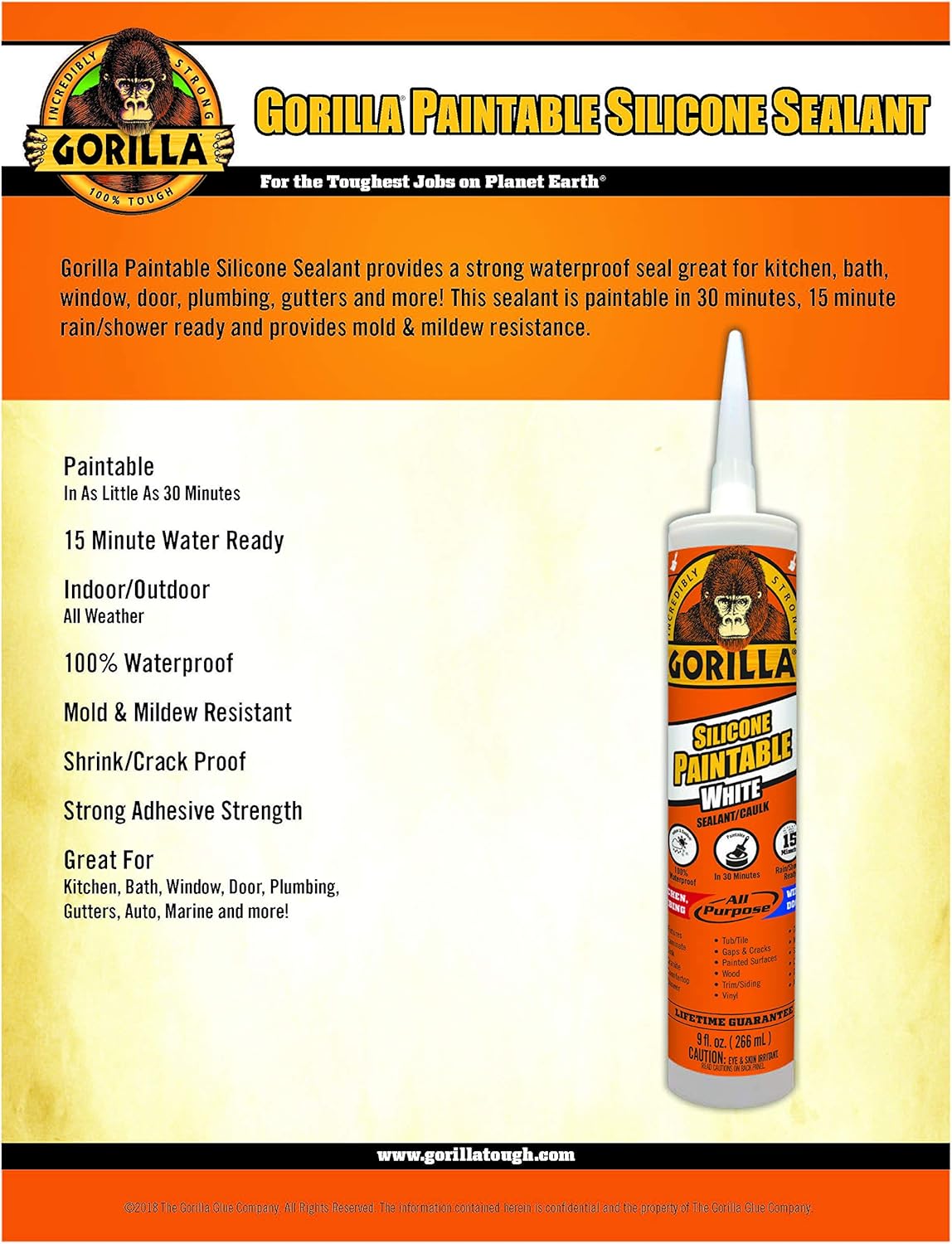 Best Deal Product Gorilla Paintable Silicone Sealant Caulk, Waterproof and Mold & Mildew Resistant, 9 Ounce Cartridge, White, (Pack of 6) Black Friday - 50% OFF Gorilla Paintable Silicone Sealant Caulk, Waterproof and Mold & Mildew Resistant, 9 Ounce Cartridge, White, (Pack of 6)