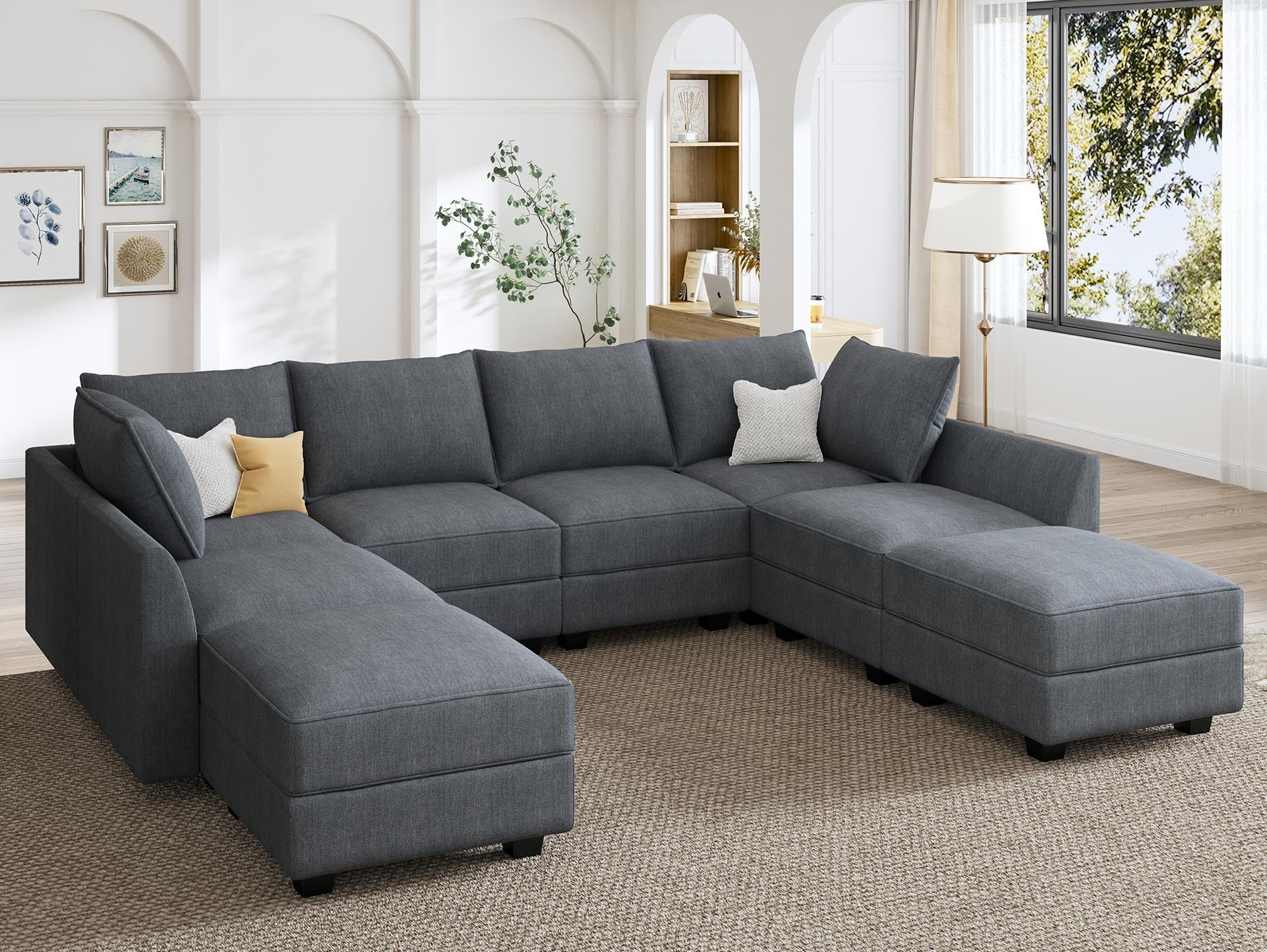 HONBAY Modular Sectional Couch U Shaped Sectional Sofa with Reversible Chaise Modular Sofa Couch with Storage Seat, Bluish Grey