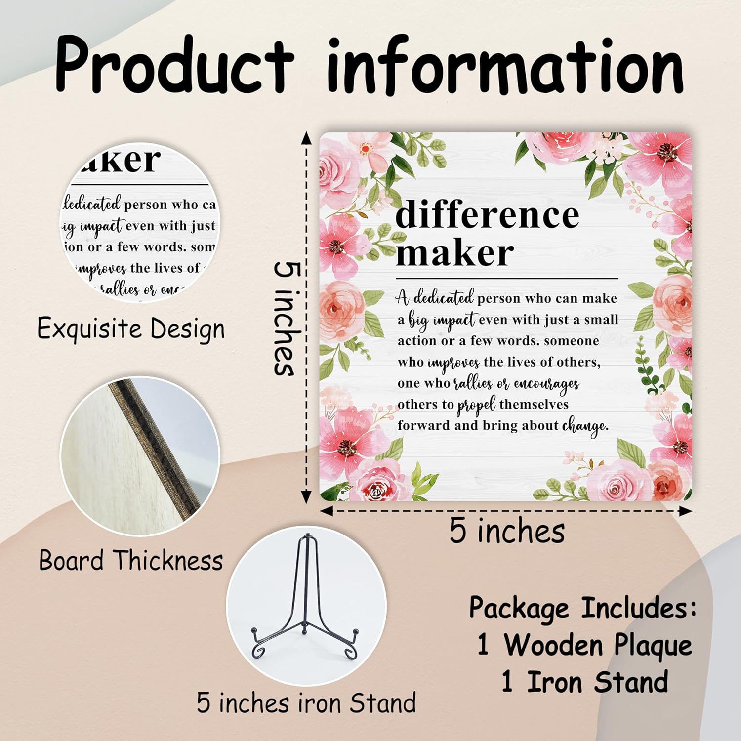Difference Maker Desk Decor, Difference Maker Gifts For Women Friends Boss Lady Coworker, Appreciation Gifts, Floral Wooden Sign With Iron Stand, Thank You Gift Decor For Home Office Bedroom -08 - Image 2