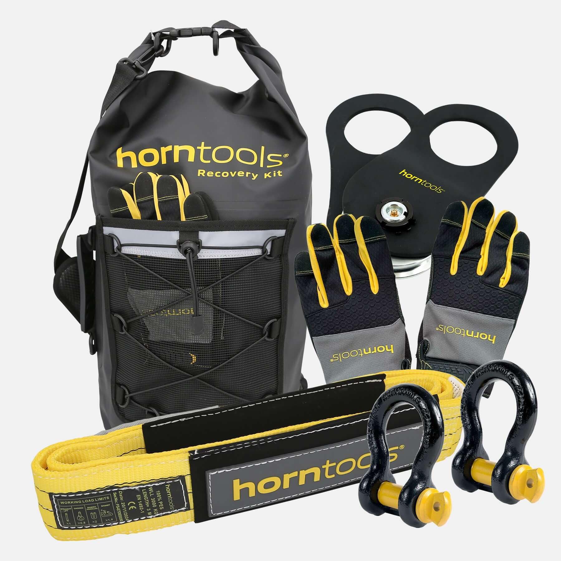 horntools Recovery Kit Entry - Handschuhe, Bergegurt, Bogenschäkel, Umlenkrolle, wasserdichte Tasche, Bergeset, Bergematerial, Softschäkel, Umlenkrolle für Offroad Zubehör für Seilwinde