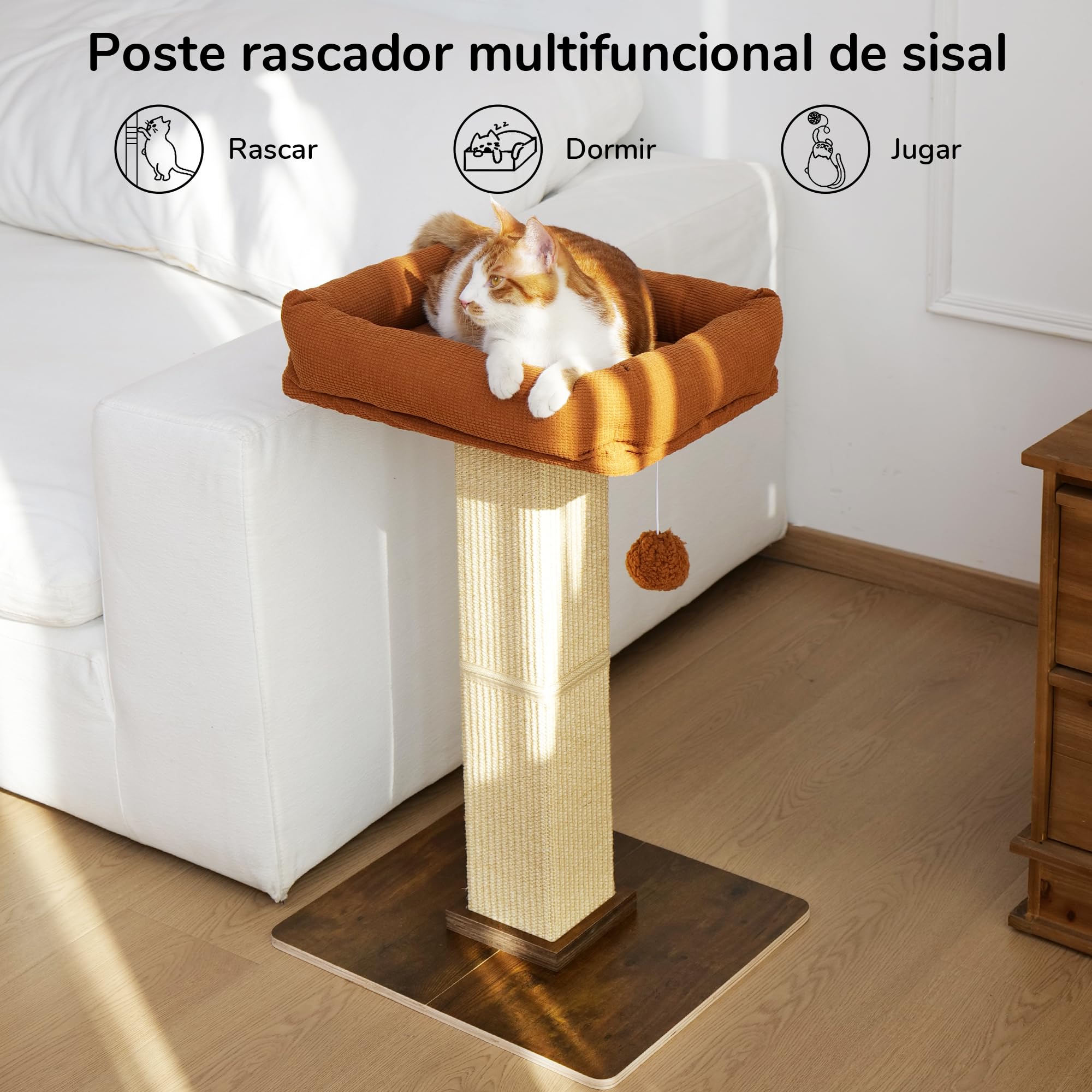 FUKUMARU Rascador para Gatos, árbol rascador de Estilo Retro con Plataforma para Gatos Adultos de Interior, Columna rascador con Cama, sisal Natural y Madera Maciza.