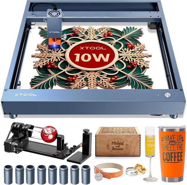 xTool D1 Pro Laser Engraver 4-in-1 Rotary Roller Kit for Glass Tumbler Ring, 10W Laser Cutter, 60W Efficient Laser Engraving Machine, CNC Machine Laser Engraver for Wood and Metal, Acrylic, Leather...