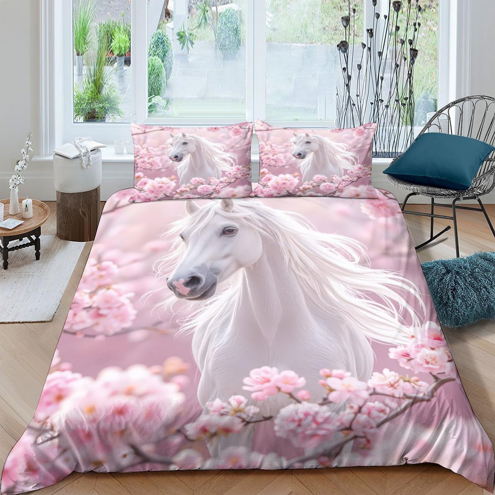Linge de lit art style 3D imprimée haut de gamme Blanc Cheval Super King