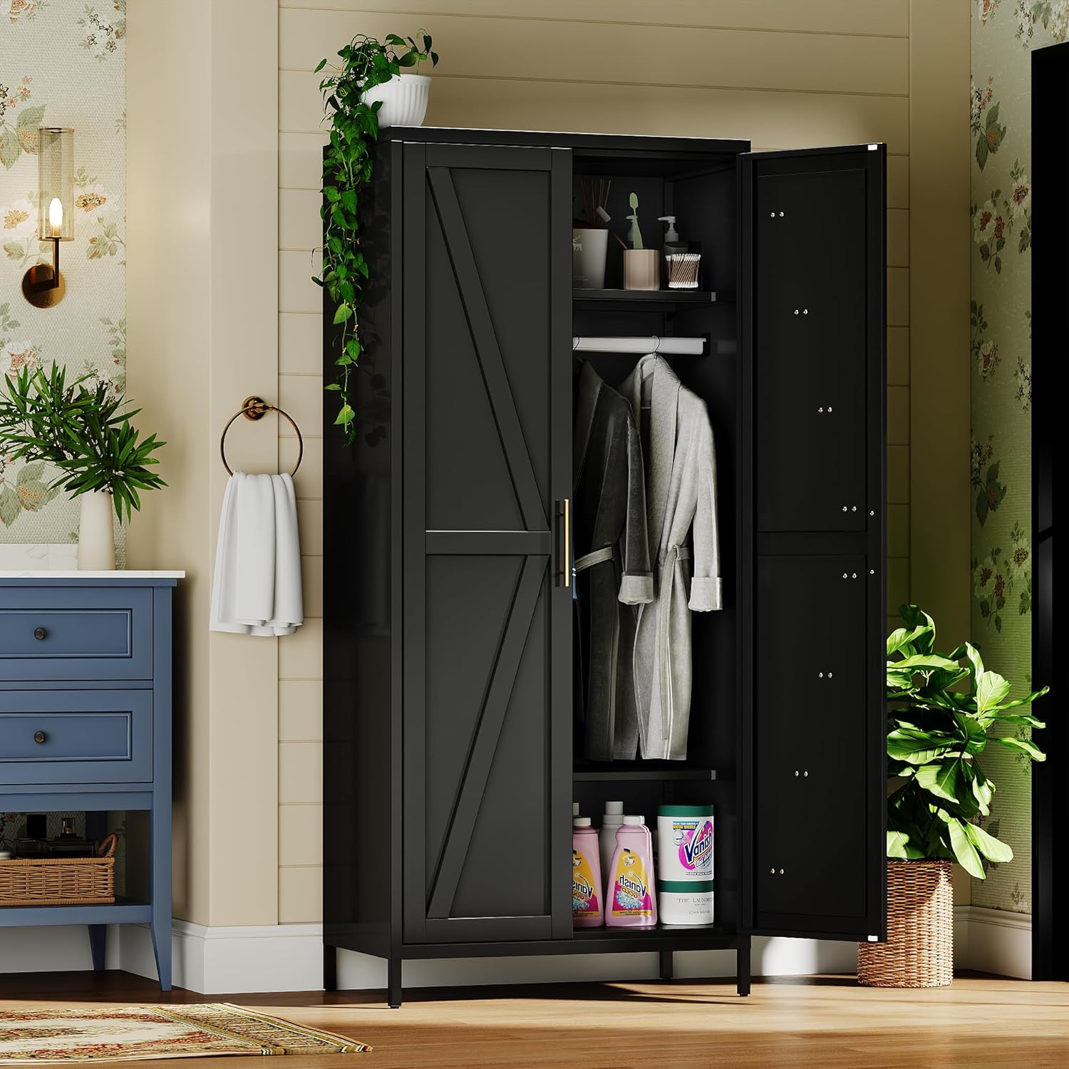 SUPEER Metal Wardrobe Closet with Hanging Rod & Adjustable Shelves, 70.9"H Sturdy Steel Armoire Cabinet for Bedroom, Black