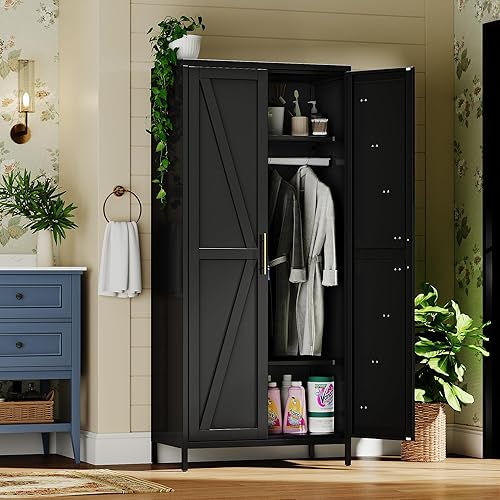 Metal Wardrobe Cabinet with Hanging Rod,Metal Wardrobe Closet with Doors