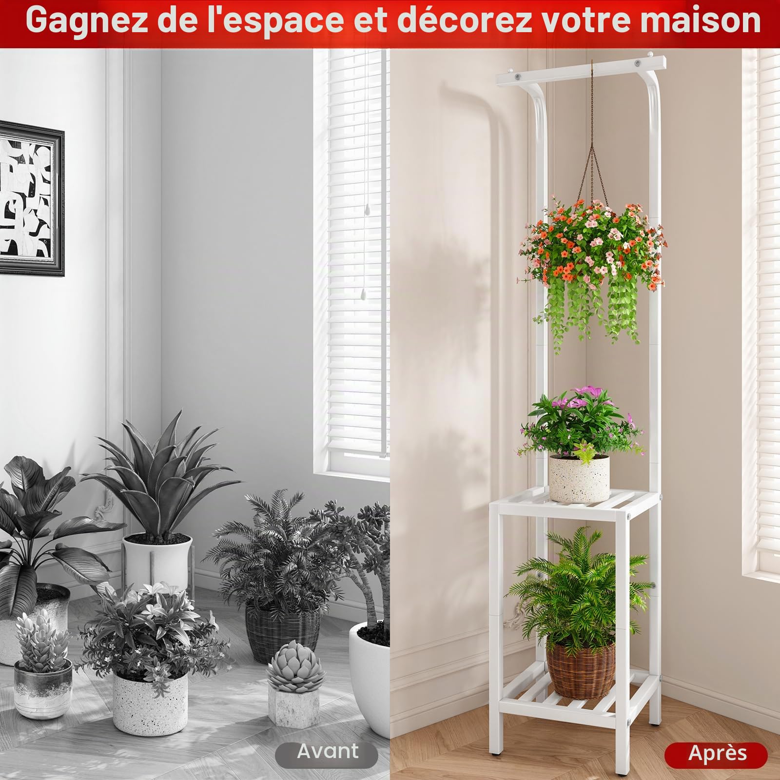 IBUYKE 170cm de Haut Support pour Plantes d'Intérieur et d'Extérieur, 3 Étagères Suspendues Support Pot de Fleurs en Métal, Étagère à Plantes pour Salon Balcon Jardin, Blanc TMJ076W