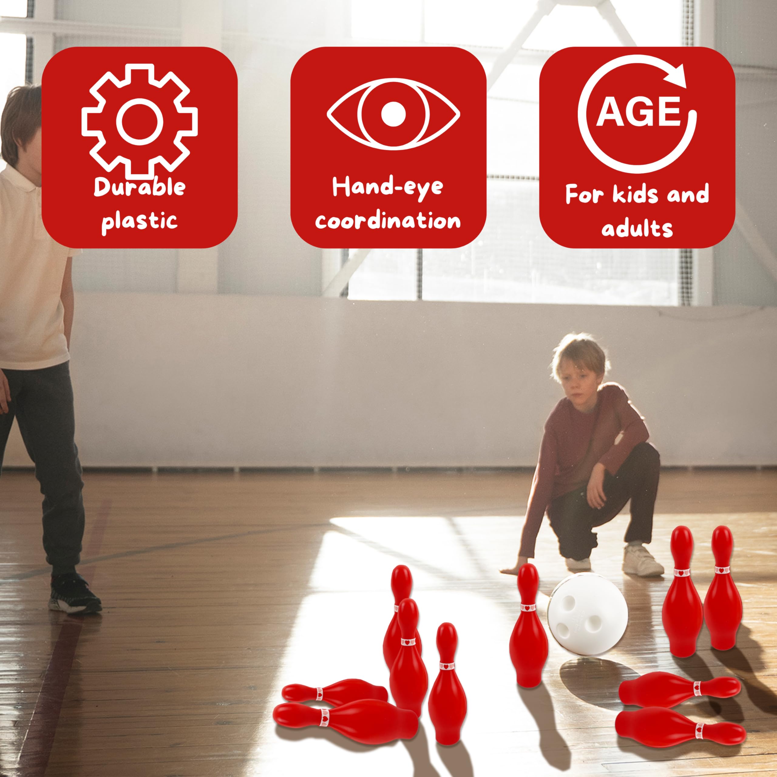 Juego de bolos para el día de San Valentín, 10 pines rojos, 2 bolas, juego de carnaval para interiores y exteriores, juegos de fiesta de San Valentín, actividades galentinas para niños y 4