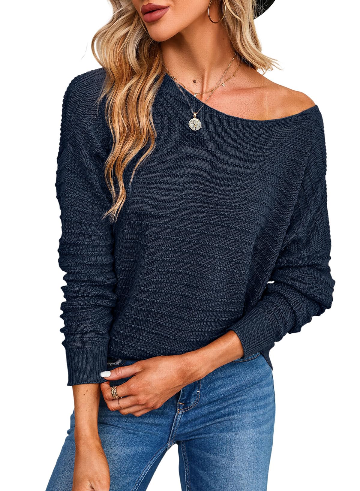 Dokotoo Pullover Damen Rundhals Struktur Strickpullover Basic Einfarbig Langarmshirt Oberteil Pulli für Herbst Winter S-XXL