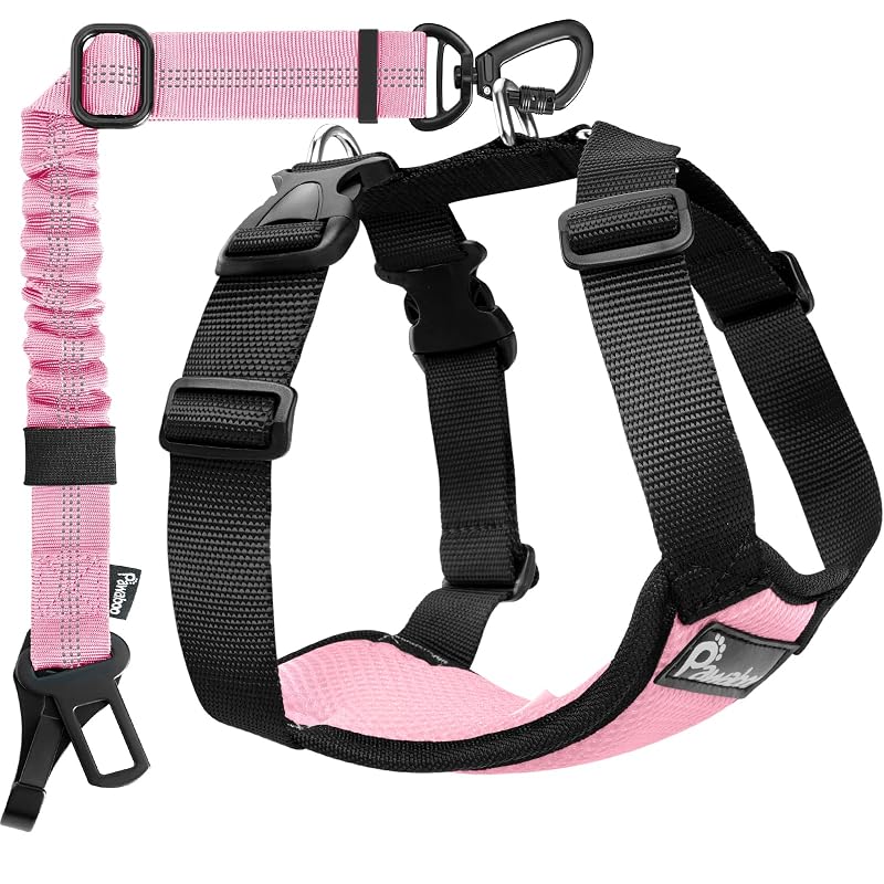 Peitoral com Cinto de Segurança para Cães Pawaboo com Engate Duplo, Pink + Black, Extra Grande