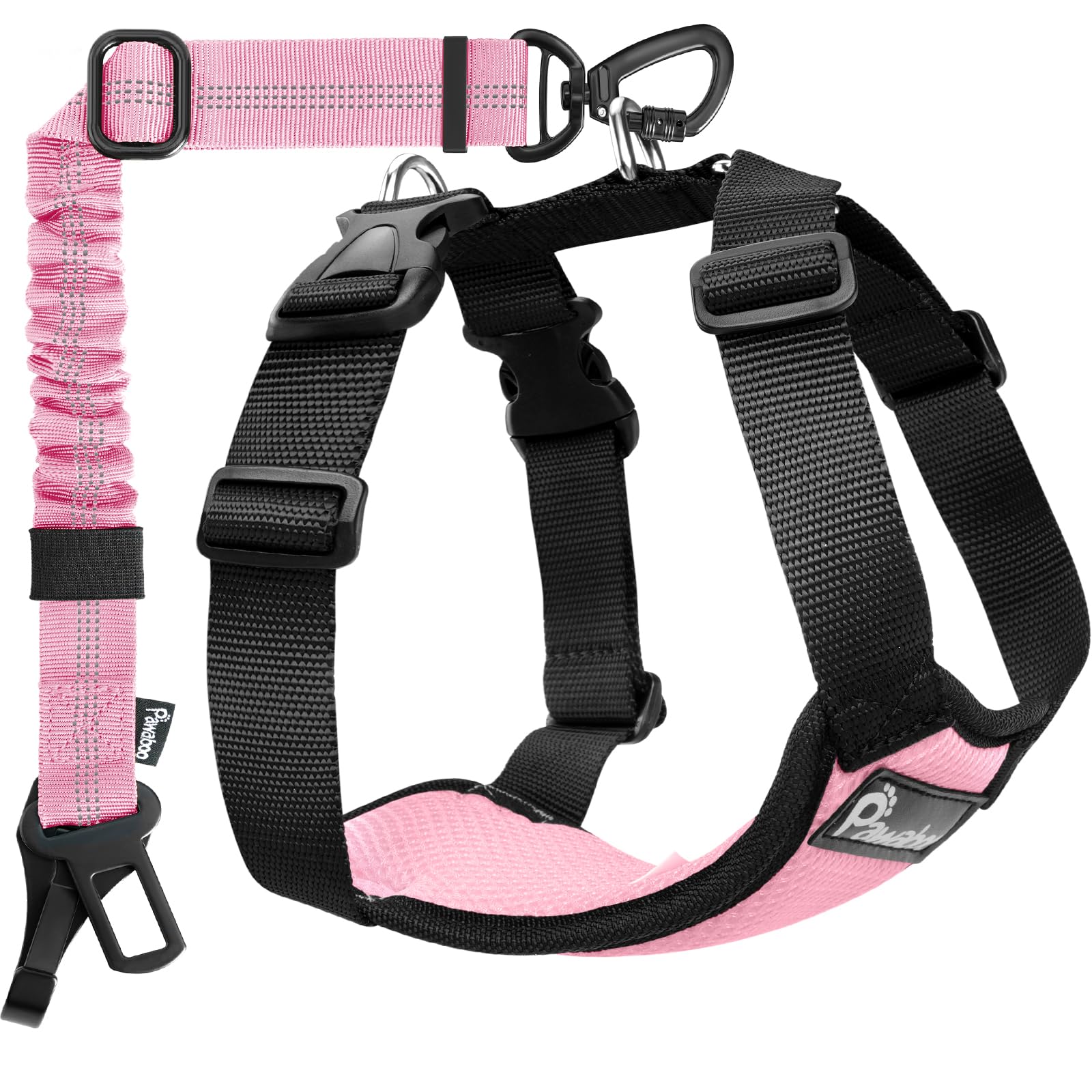 Pawaboo Dog Seat Belt Harness for Car, Dog Car Harness Seatbelt with Double Clips, Adjustable Breathable Pet Vest & Dogs Safety Tether with Elastic Bungee for Small Medium Large Pet, L, Pink + Black — image 1
