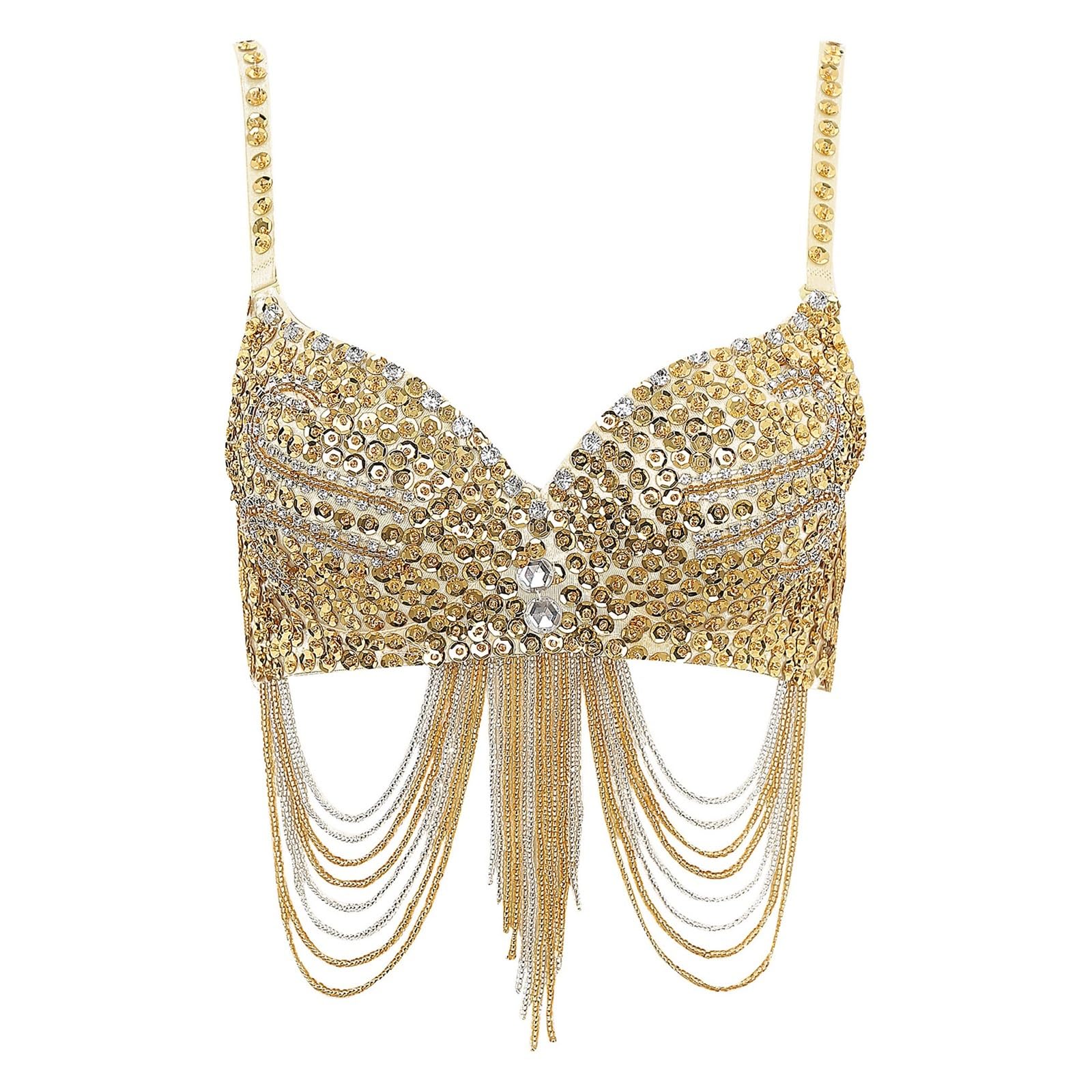 HKYBCF Women's Corsets Womens Belly Dance Costume Shiny Corset Crop Top Fringe Rhinestone Sequin Club Bra Spaghetti Straps Underwire Push Up Bustier(Gold)
