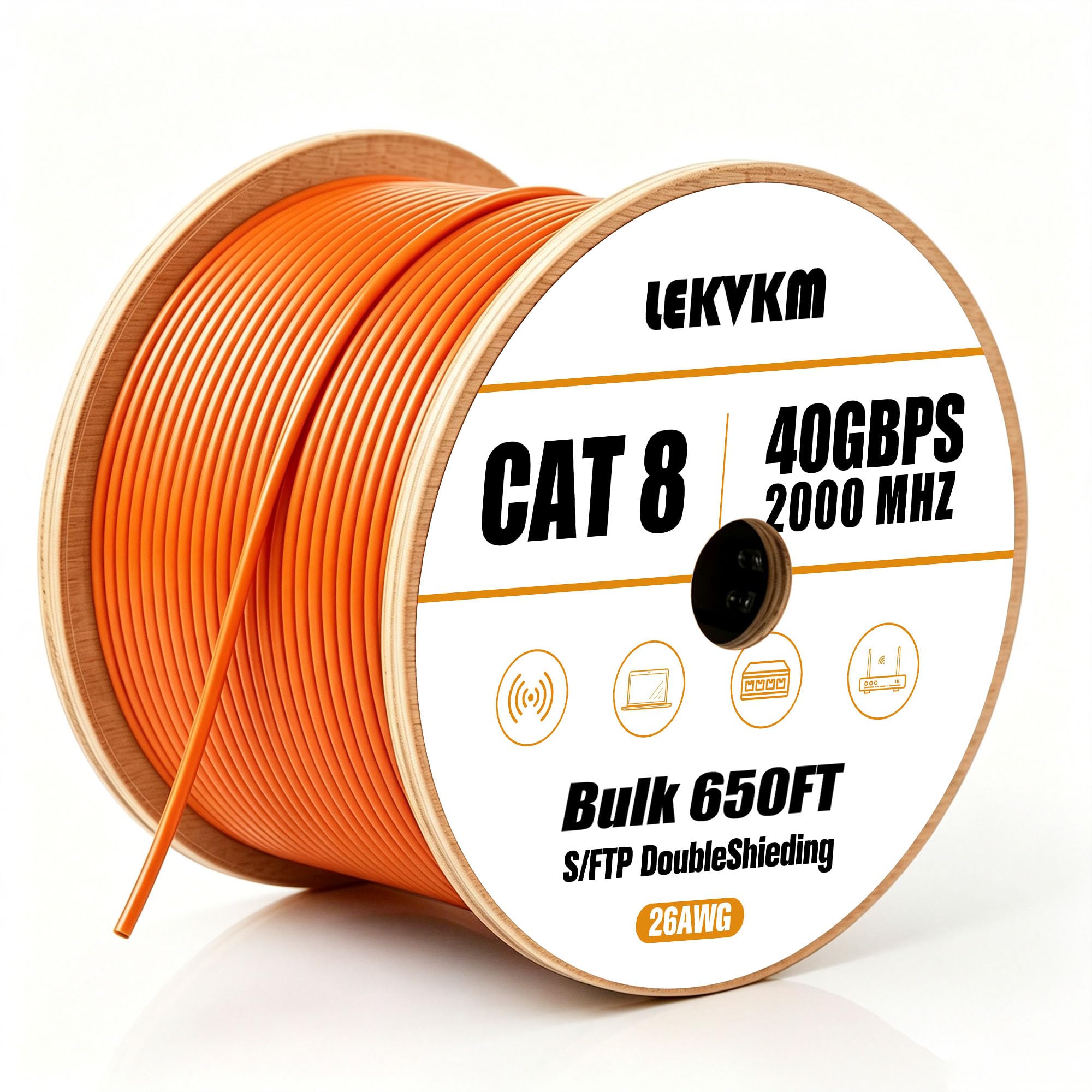 Câble Ethernet Cat8 en vrac de 2000 m rond S/FTP pour extérieur et intérieur - Câble réseau LAN haut débit 40 Gbit/s - 2000 MHz - Orange