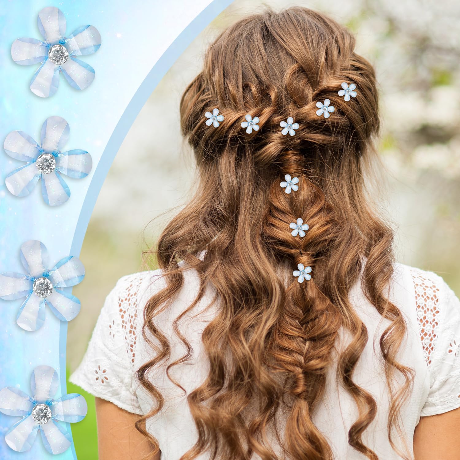 Mini Flower Hair Clips with Rhinestones, Pack of 10 - For Women & Girls, Daily, Party, Wedding - Blue, 1 count (Pack of 10) - Image 3