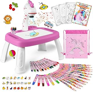 Unicorn Drawing Projector Table Set for Kids Girls Include Unicorn Art Supplies, Pink Doodle Sketcher Table Kit Toddler Tracing and Painting Projection