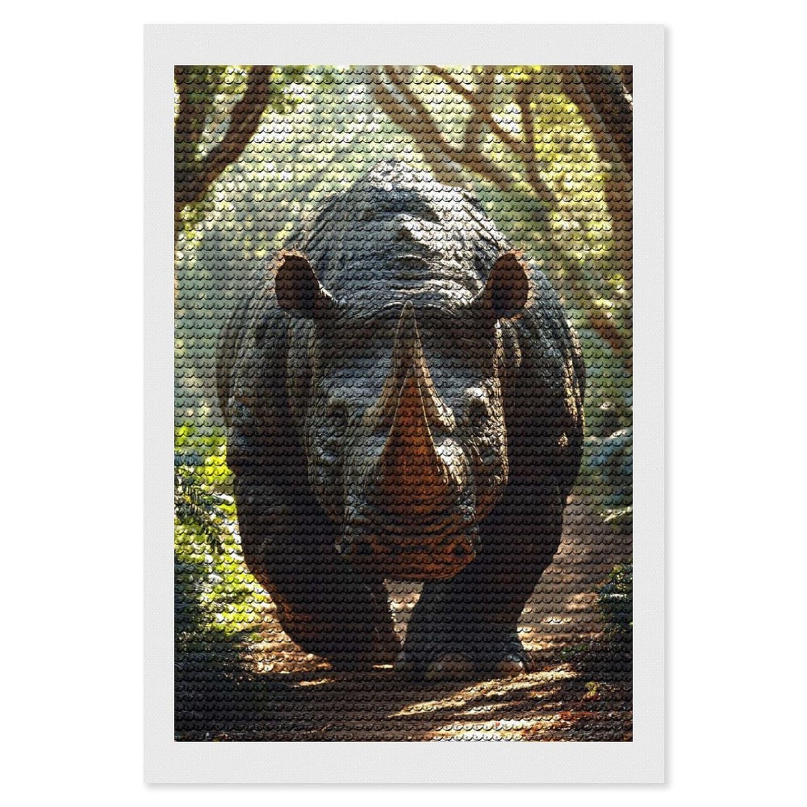 Junmoney Rhino Walking on A Forest Path Round Drill Diamond Painting 8"x12", Satisfying Creative Project, Complete Accessories, Printed Canvas