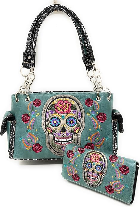 Women's Embroide Sugar Skull Handbag Purse Wallet Set in Multi Color (Turq)