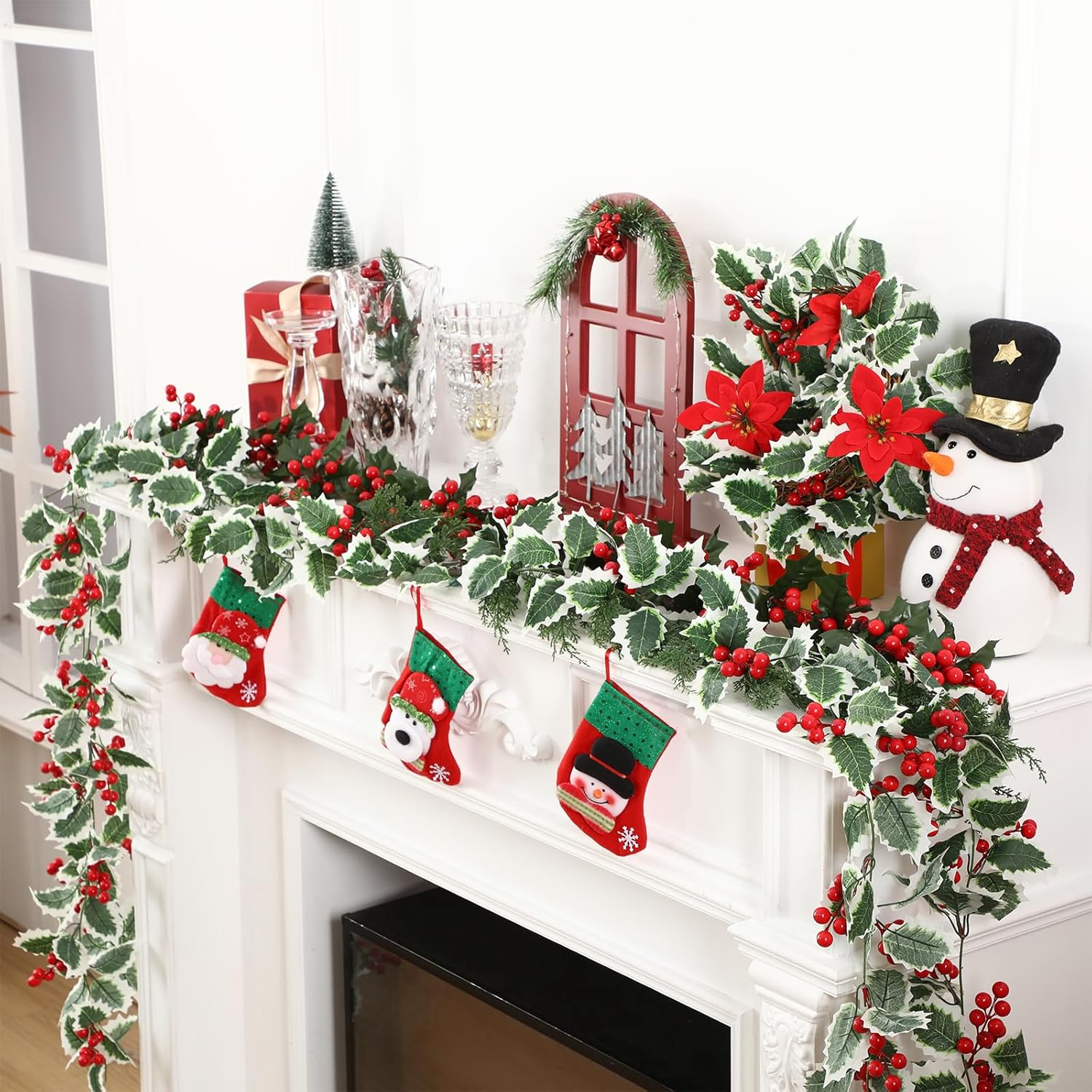 Daifunli 12 Pcs 6ft Red Berry Christmas Garland Holiday Artificial Greenery Holly Garland with Poinsettia Pine Cones for Mantel Indoor Outdoor Home Fireplace Xmas Decoration Winter Christmas Party