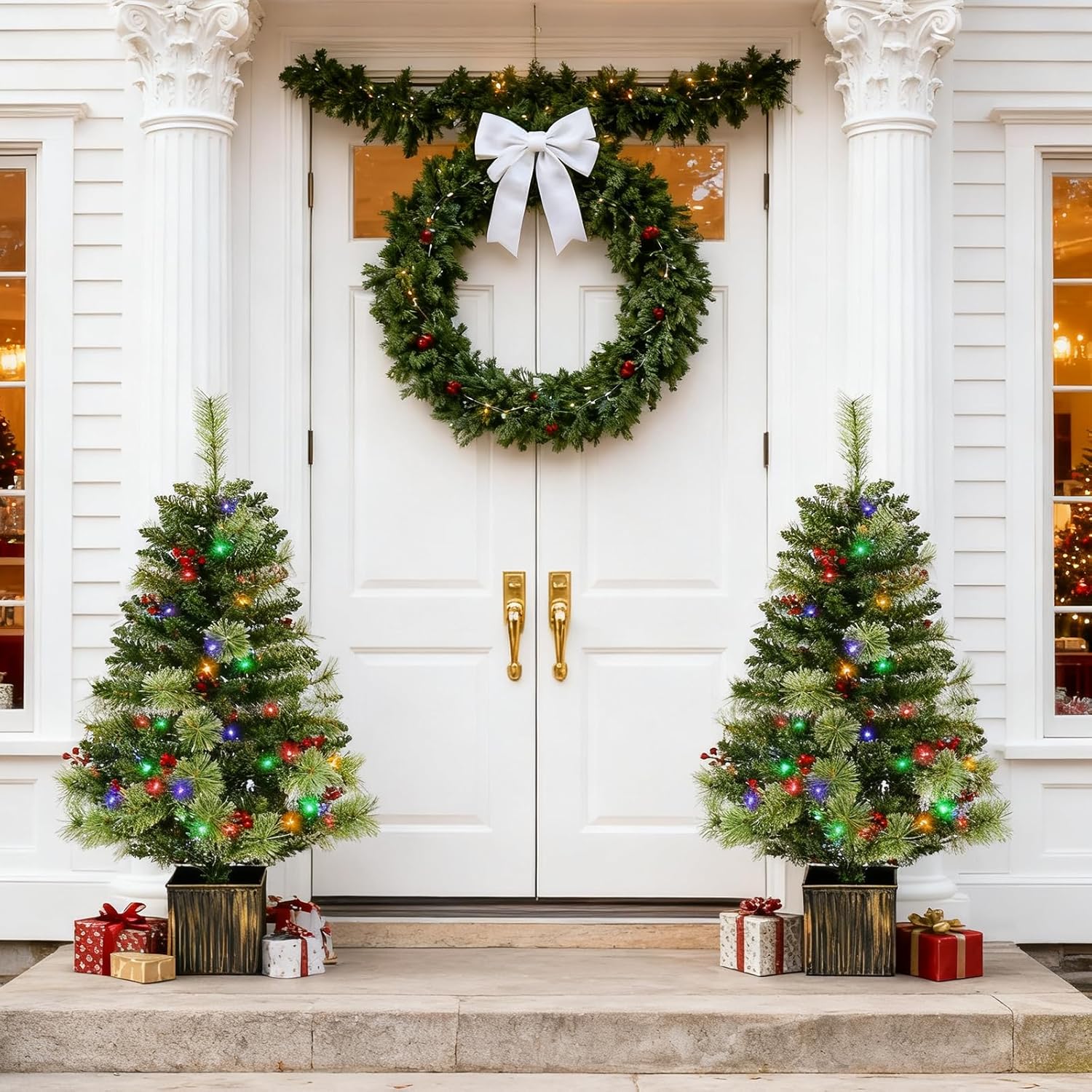 JOYHALO 4FT Outdoor Christmas Trees for Porch with 80 Warm White and Multicolor LED Lights, Pre-lit Potted Christmas Tree with PVC Branches Pine Needles Berries for Christmas Decoration