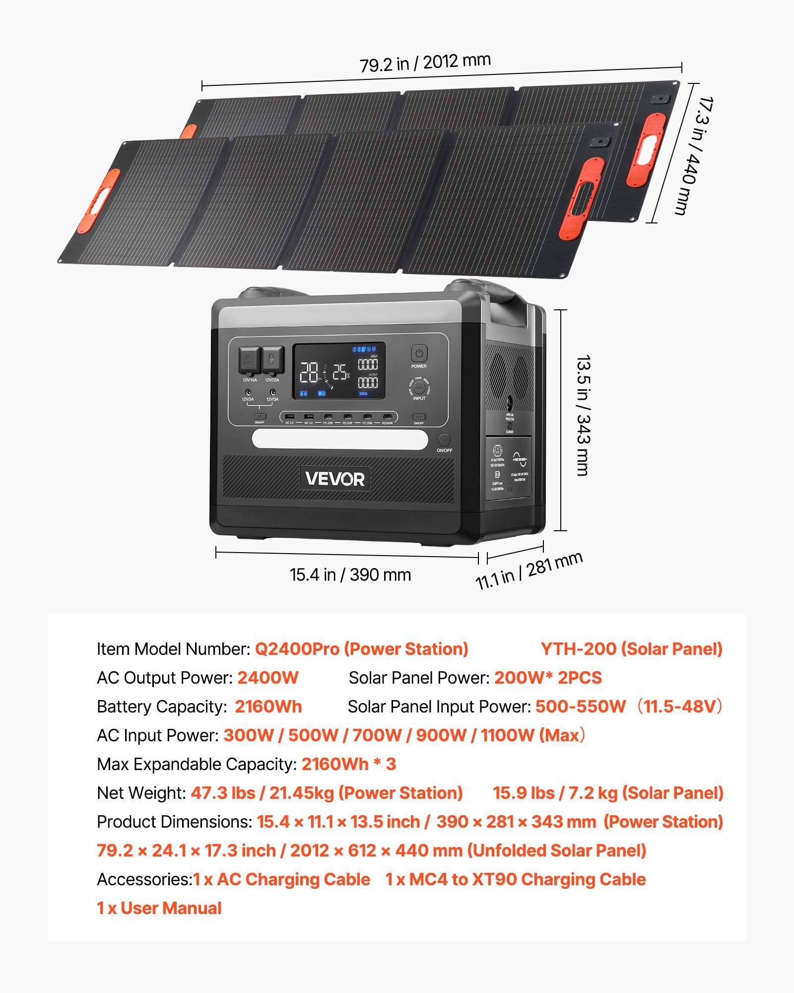 VEVOR Tragbare Powerstation, 2400-W-Solargenerator mit 2 faltbaren 200-W-Solarpanels, erweiterbarer 2160-Wh-LiFePO4-Akku mit 10 Ausgängen für Notstromversorgung zu Hause, beim Camping und im Wohnmobil