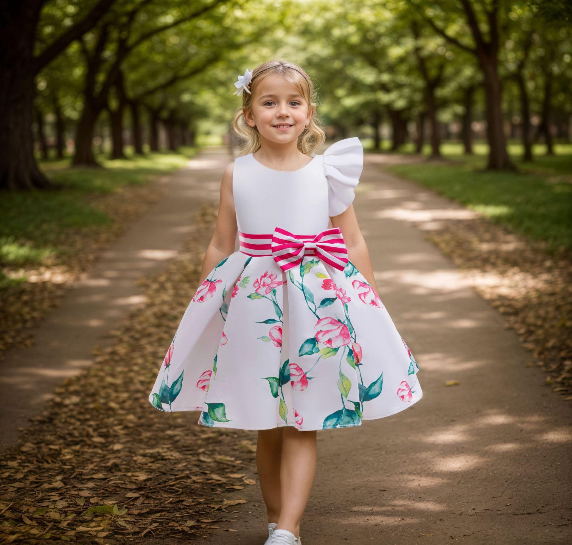 Vestidos de niña con mangas aleteadas Estampado Floral Lazo Estilo Princesa Longitud de la Rodilla Satén Ropa para Niños