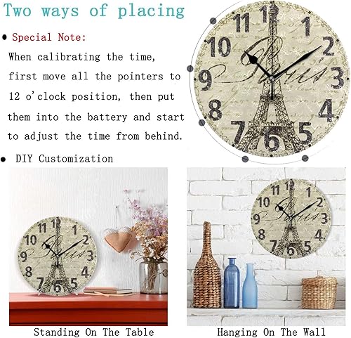 Miniatura 2 de Pfrewn Reloj de pared de la Torre Eiffel París, silencioso sin tictac, estilo retro floral de Inglaterra, cuarzo analógico, material ecológico,