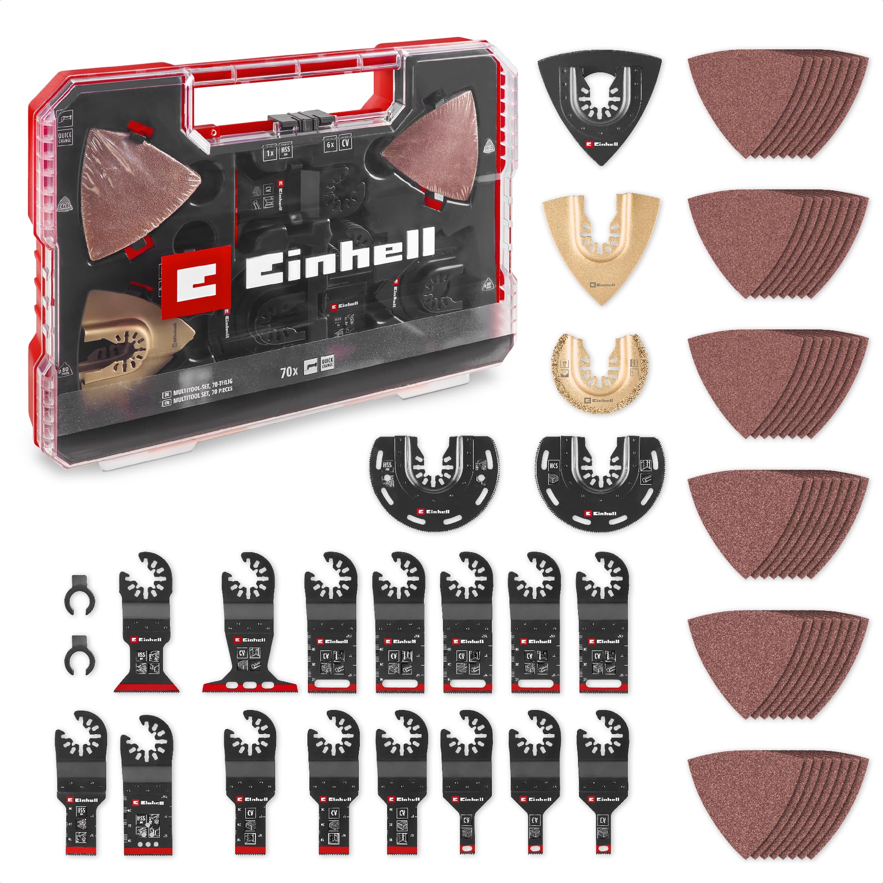 Original Einhell XXL-CASE 70-tlg. Multitool-Set (BiM/CrV-Tauchsägeblätter, HCS/HM/BiM-Halbrund-Sägeblätter, HM-Delta-Raspel, Delta-Trägerplatte, Schleifpapier, Dremel-Adapter)