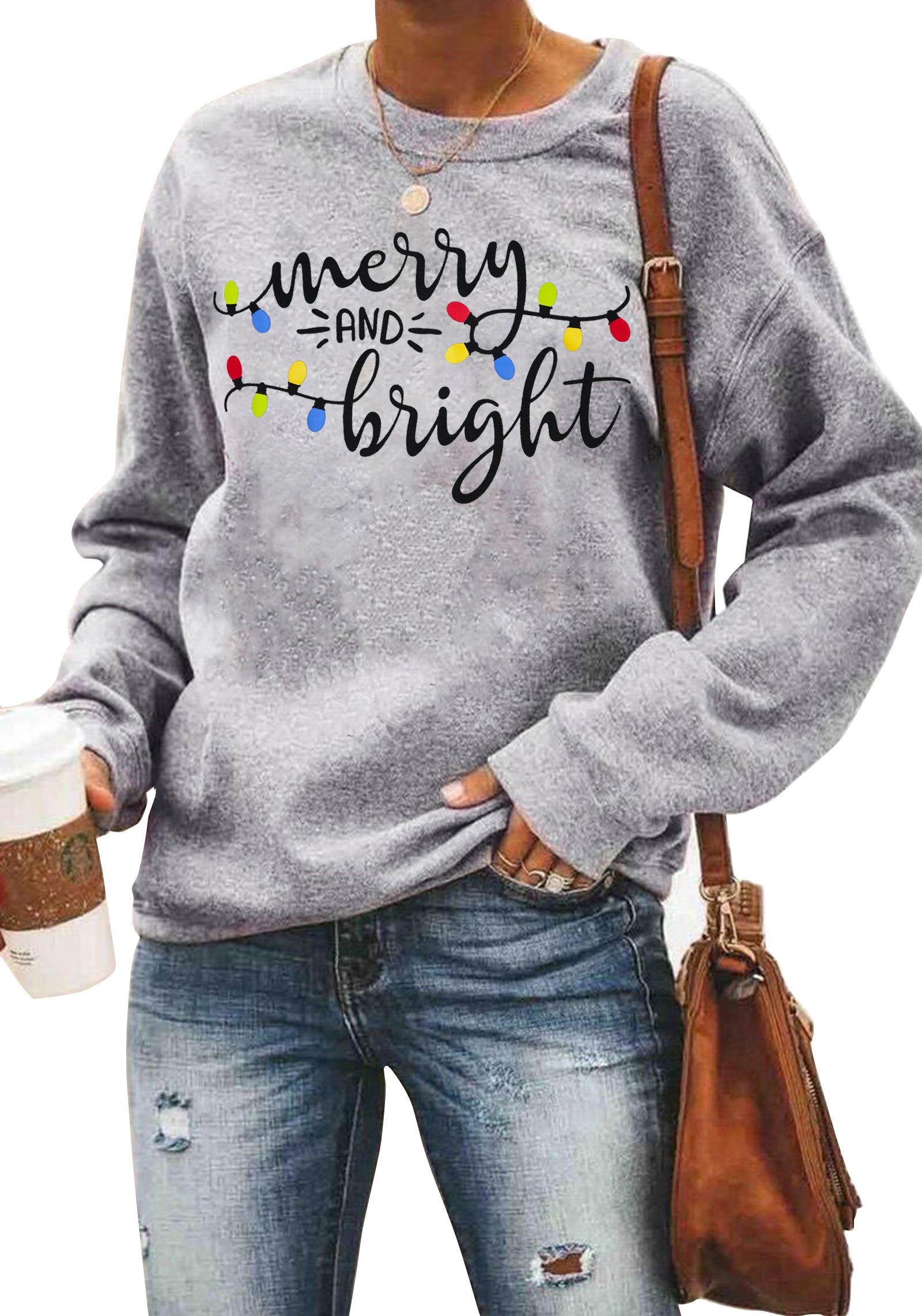 LHBNKChristmas Sweatshirt Women Merry and Bright Christmas T-Shirt Funny  Xmas Lights Blouse Tops Holiday Shirts