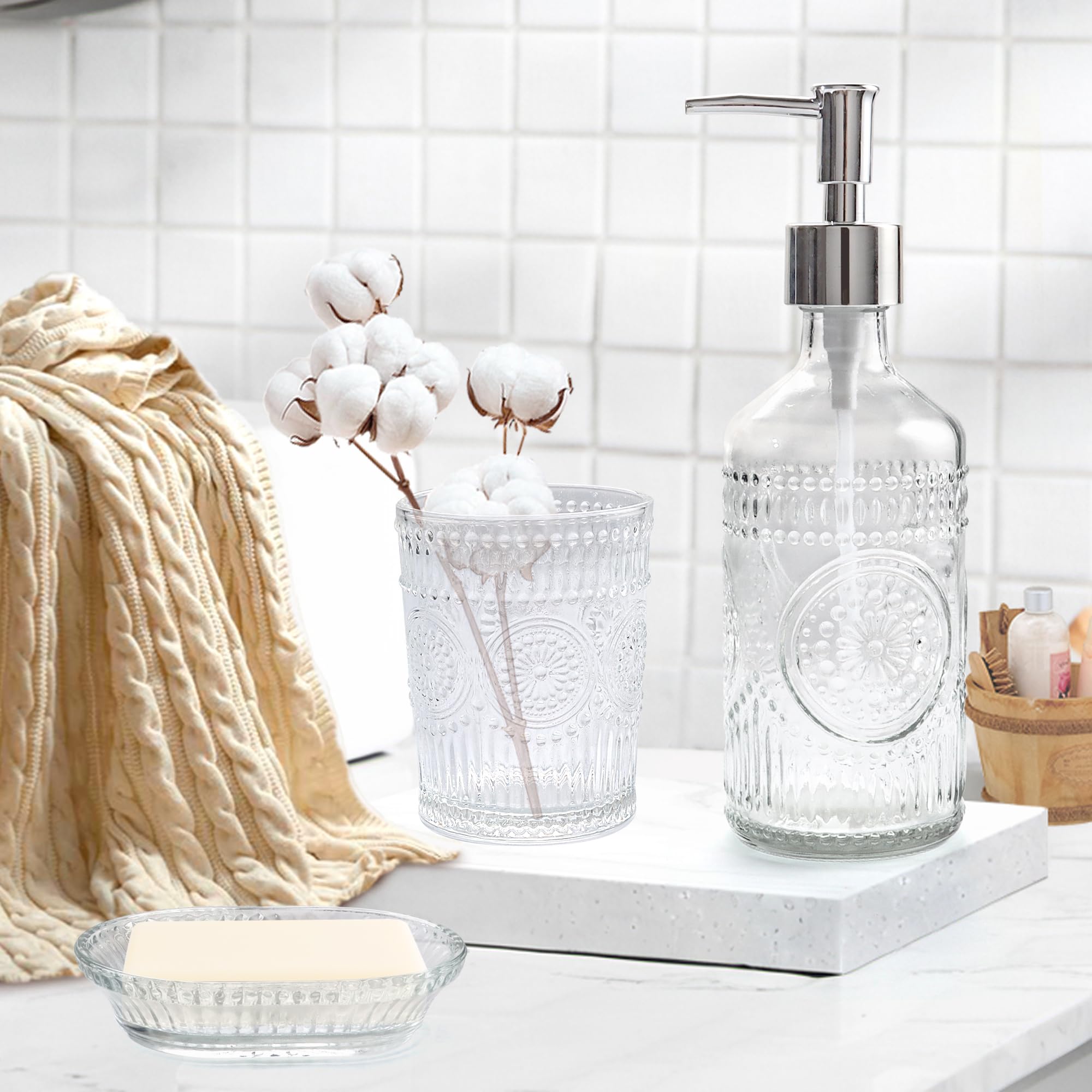 FEILANDUO Set di 3 accessori da bagno in vetro, dispenser per lozione e sapone, portaspazzolino da denti, portasapone, decorazione moderna per bancone del bagno per la casa