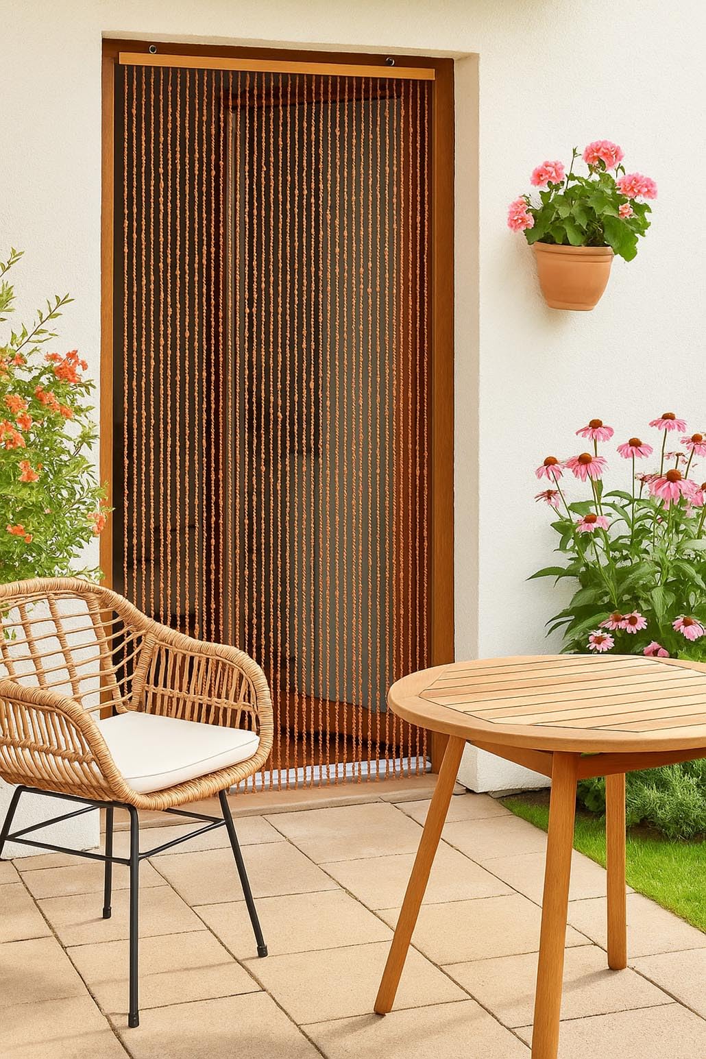 Kobolo Türvorhang Bamboo 90x200cm braun, Bambus Perlenvorhang mit 45 Strängen je 0,9cm & Holzleiste, dekorativer Fadenvorhang als Insektenschutz & Raumteiler für Balkon- & Terrassentür, handgefertigt
