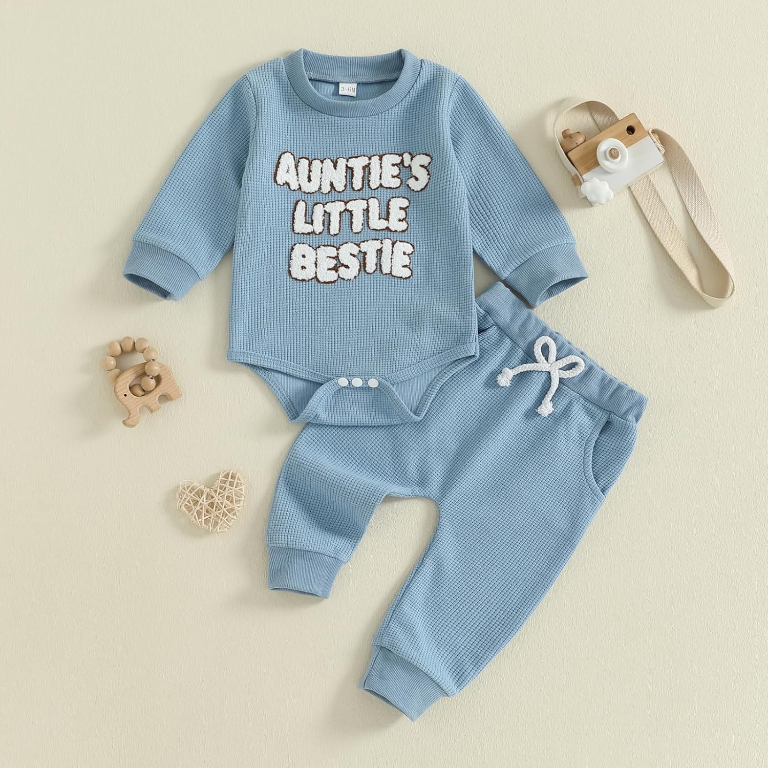 Gaono Aunties Little Bestie Baby Clothes Newborn Boy Fall Winter Outfit Waffle Knit Long Sleeve Romper And Pants Set - Image 4