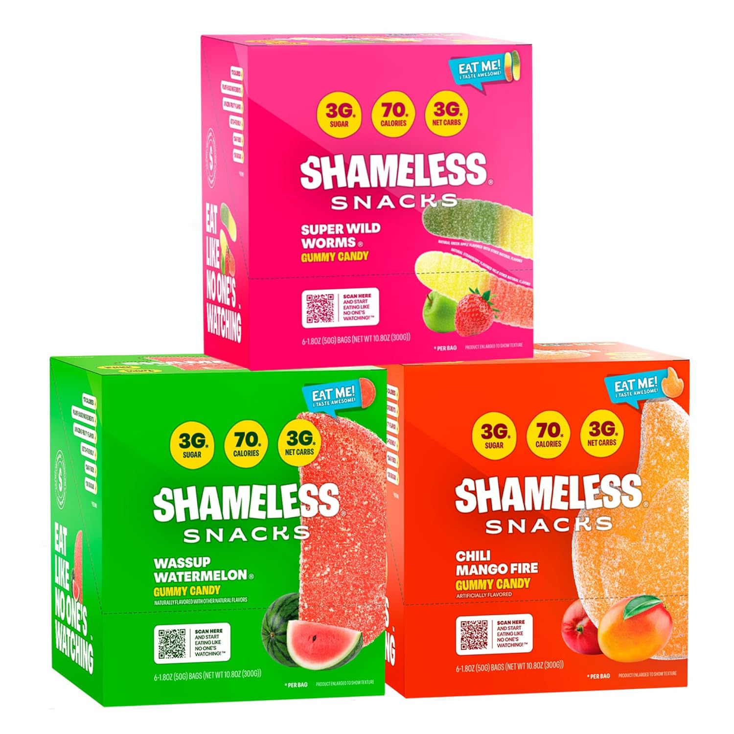 Shameless Snacks – Gomitas keto bajas en carbohidratos sin gluten – Gusanos salvajes, sandía, chile y mango