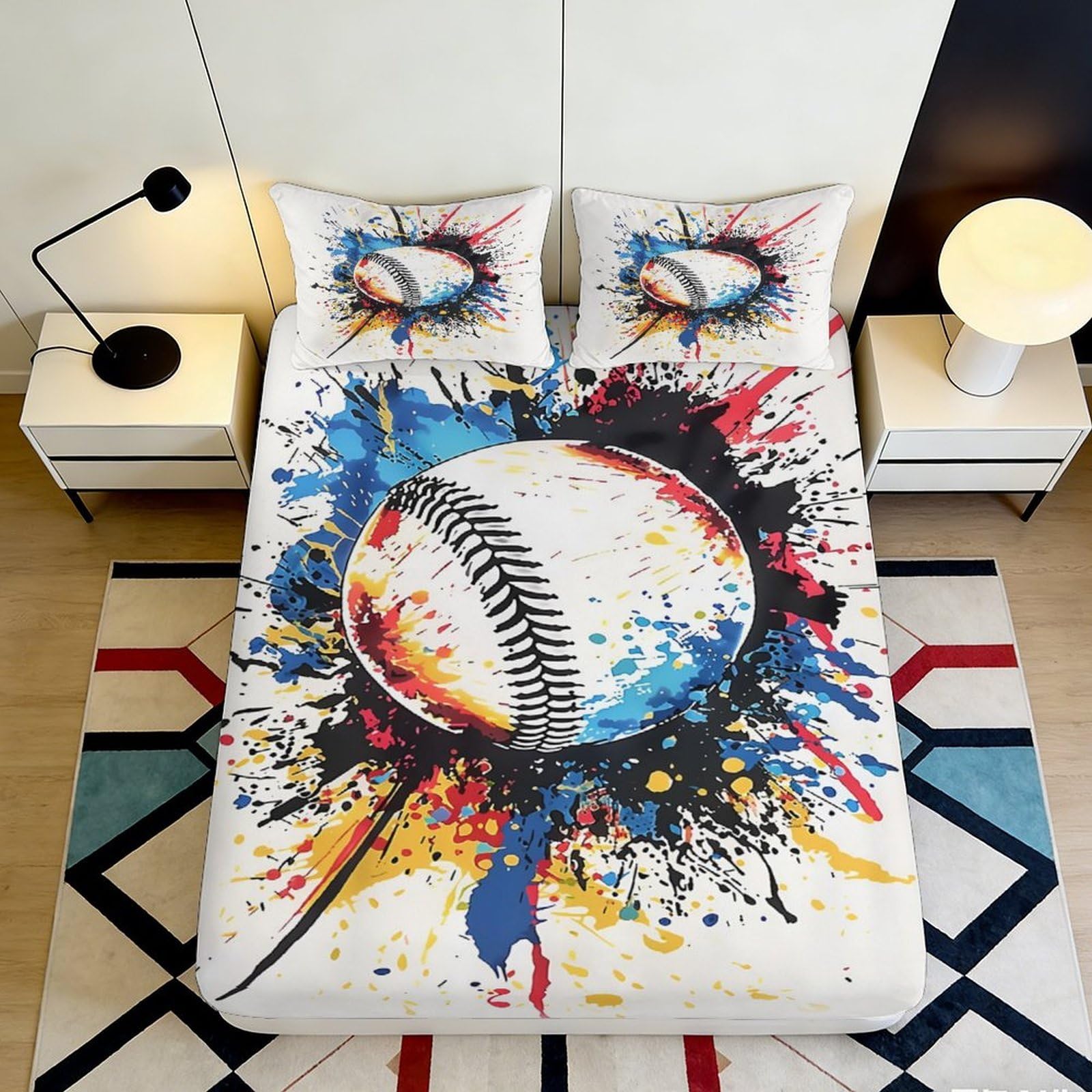3D Printed Baseball Splash Fitted Sheet Microfiber Mattress Cover Colorful Paint Bedroom Protector Decor 120x200cm 160x200x25cm