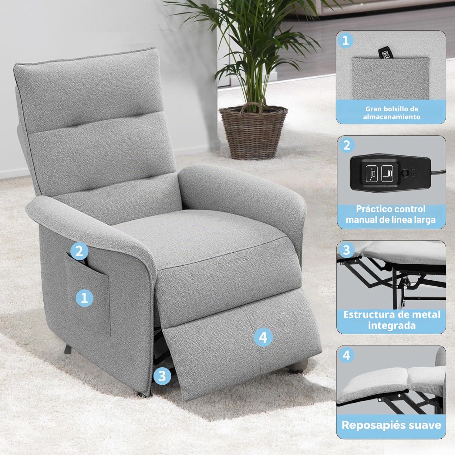 Sillón Relax Eléctrico con Respaldo Inclinable, Capacidad 150 kg - Elegancia y Confort para el Hogar y la Oficina