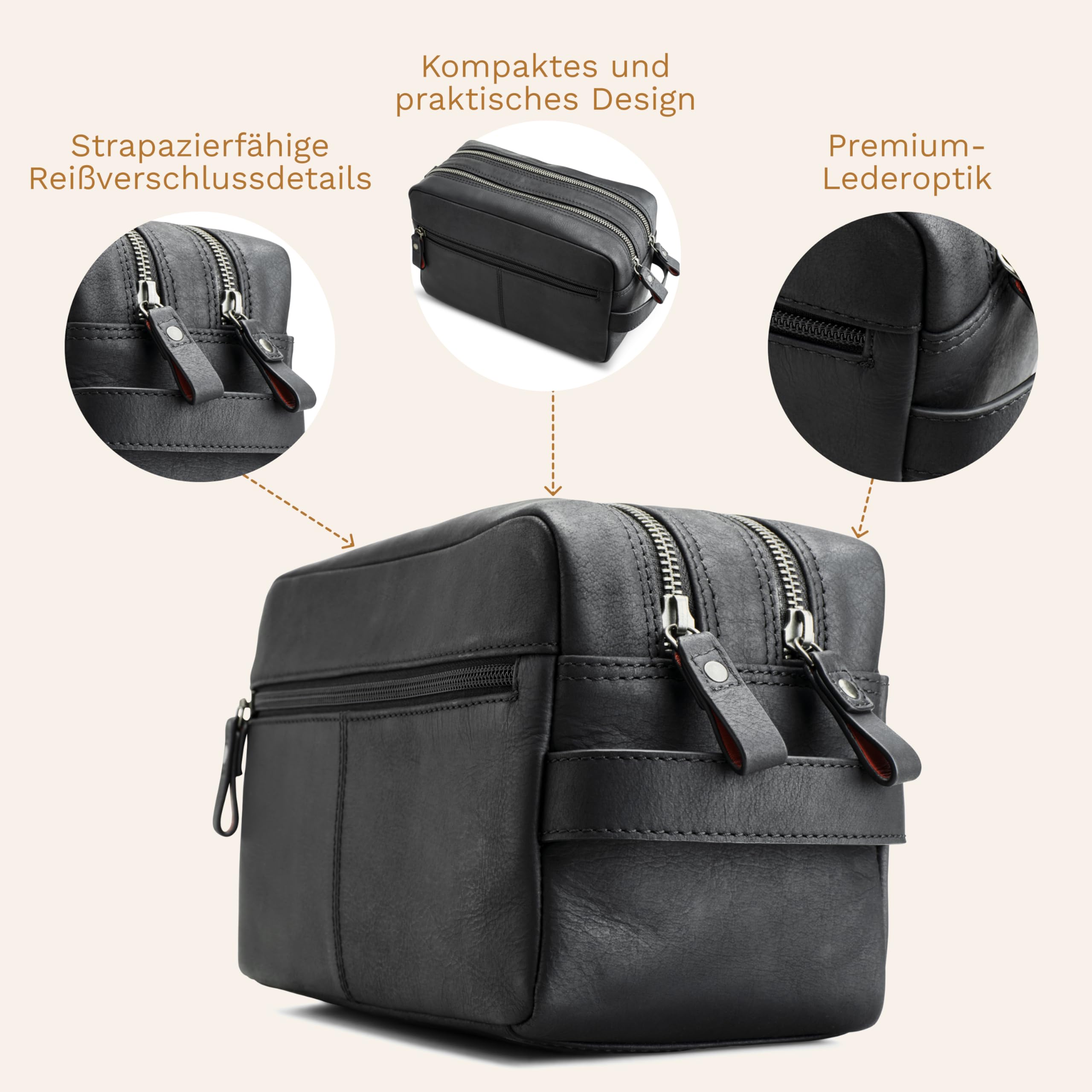 DONBOLSO Kulturbeutel Stockholm - Premium Kosmetiktasche aus Leder - Kulturtasche für Damen und Herren mit Zahlreiche Fächer - Funktionale Reise Badetasche aus Leder - 25x13x15 cm, Vintage Schwarz
